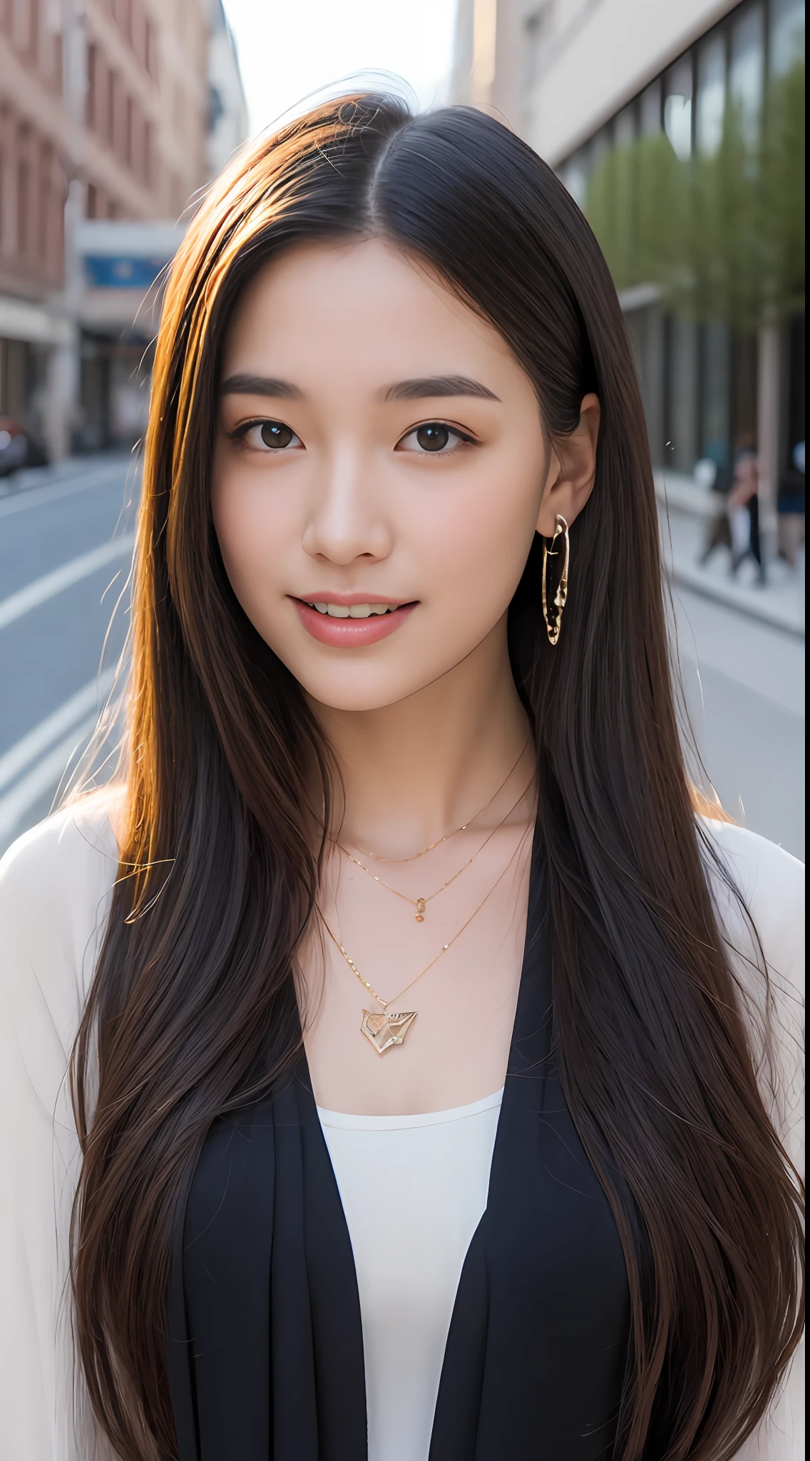 1girll,(perfect bodies:1.4),(Long hair with black shawl:1.2),Wear necklaces and earrings,(leisure wear:1.3),streetview,(Half Body shot:1.2),((hide hands:1.3)),Highly Detailed Face and Skin Textur,Detailed eyes,二重まぶた,ssmile,((Anatomically normal,top-quality,8K,tmasterpiece:1.3)),