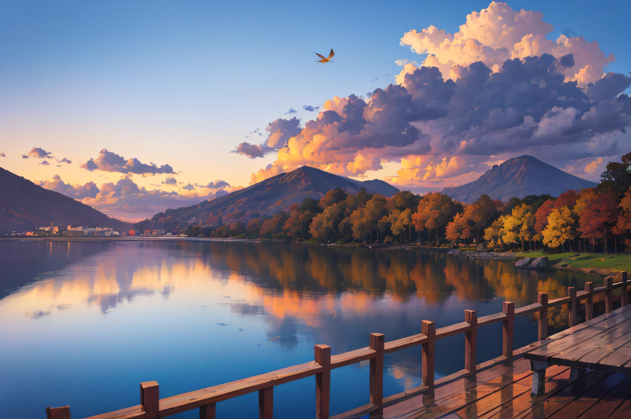 The sunset and the lone duck fly together, and the autumn water is the same color as the sky --auto