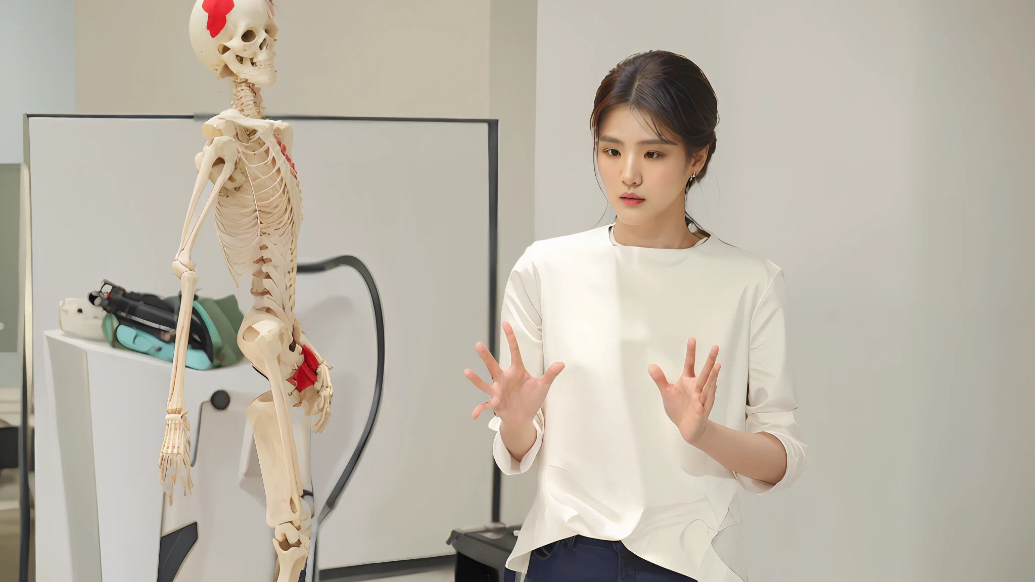 Woman in white shirt standing in front of a model of human skeleton, korean artist, Kim Hyun-joo, Choi Hyun-hwa, shin min jeong, lee ji eun, Lee Ji-eun, taken with canon eos 5 d mark iv, taken with canon 8 0 d, ji-min, taken with canon eos 5 d, Kim Tae-joon, Korean woman