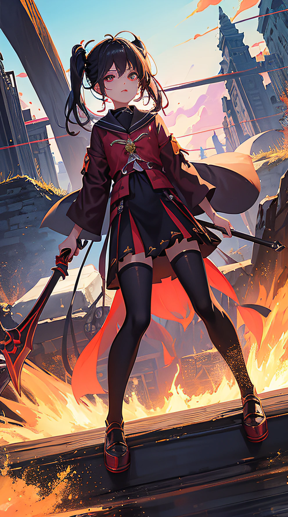 tmasterpiece，Best quality at best，Extremely beautiful reflection，The best reflections。（Very detailed CG unity 8k wallpaper），（Best quality at best），（The best illustrations），（The best shadow），Desert theme with high winds。Tall mountains，Destroyed fragments background，Glowing flame，Surrounded by small stones，There are also glowing particle effects，，（The character of League of Legends），（an Quority），（holding enormous sword），（Yatoks），（black and red ，Hideous），BOY，（Frontal whole body），（Burst effect）。 , isometric 3D, Octane rendering, Ray traching, ultra-detailliert