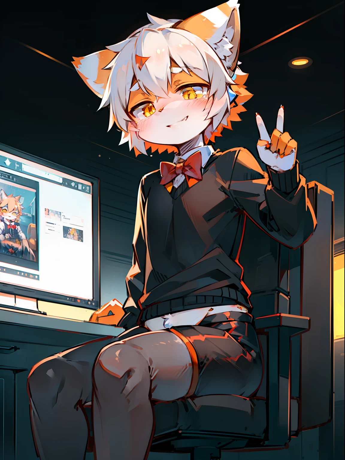 Solo, kemono, femboy, orange and white hair, yellow eyes, wear red bow tie, wear black long sleeve shirt, wear black boxer, wear black and white stockings, wear black gaming headphones, blushes, look at camera, smile open mouth, sitting on a gaming chair, gaming table, neon computer, gamer, cyber, neon room