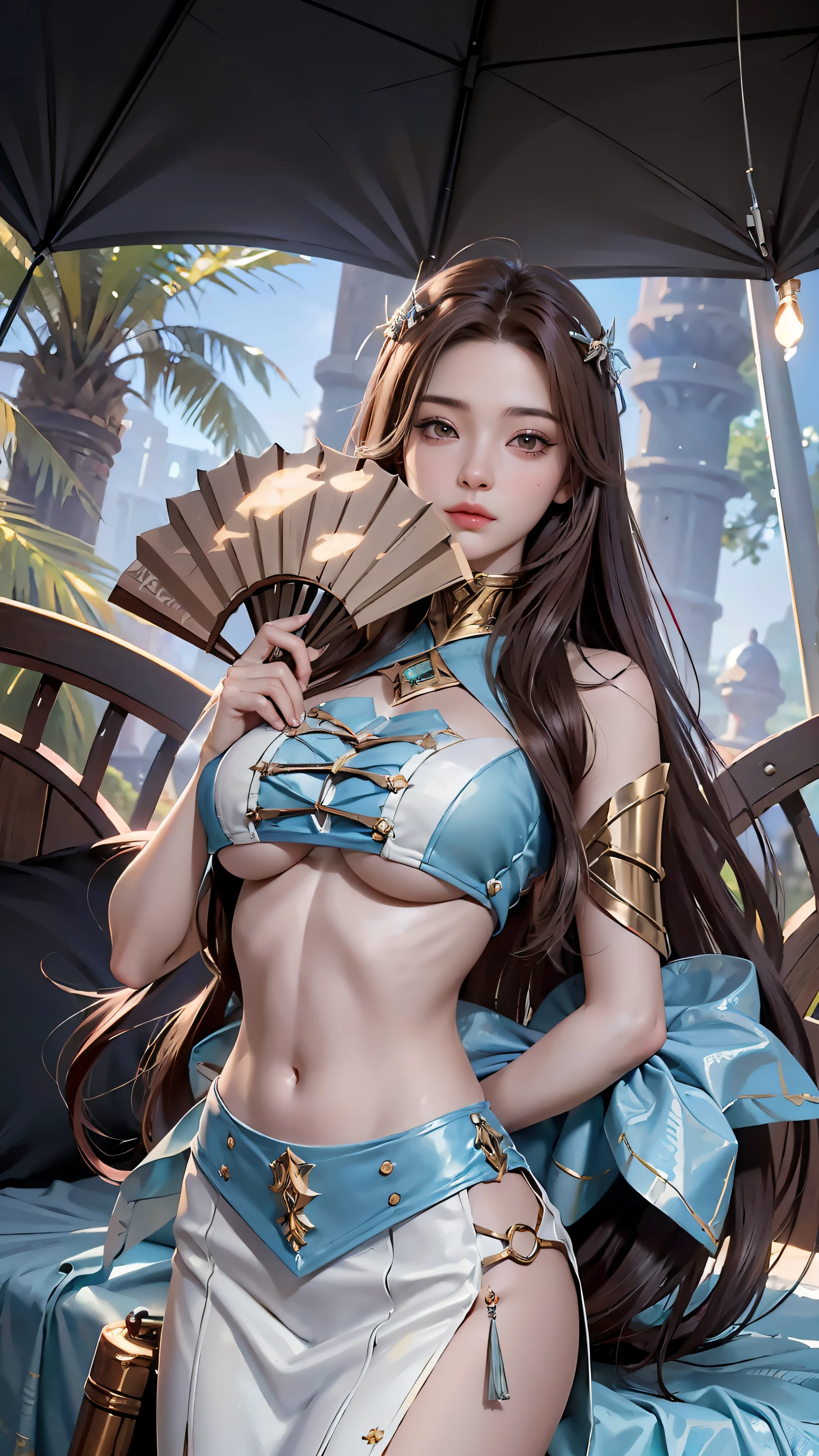 Irelia from League of Legends, KDA Irelia ((Realistic light, Best quality, 8K, Masterpiece :1.3)), self-shot, 1girll, Pretty Women with Perfect Figure :1.4, Abs :1.1, (Brown hair, Huge breasts :1.5), Arabic costumes :1.2, Bed, Ultra-detailed face, Detailed eyes, 二重まぶた, Perfect hands, perfect fingers, perfect breasts, perfect hair, perfect face, perfect body,(((fan handle)))
