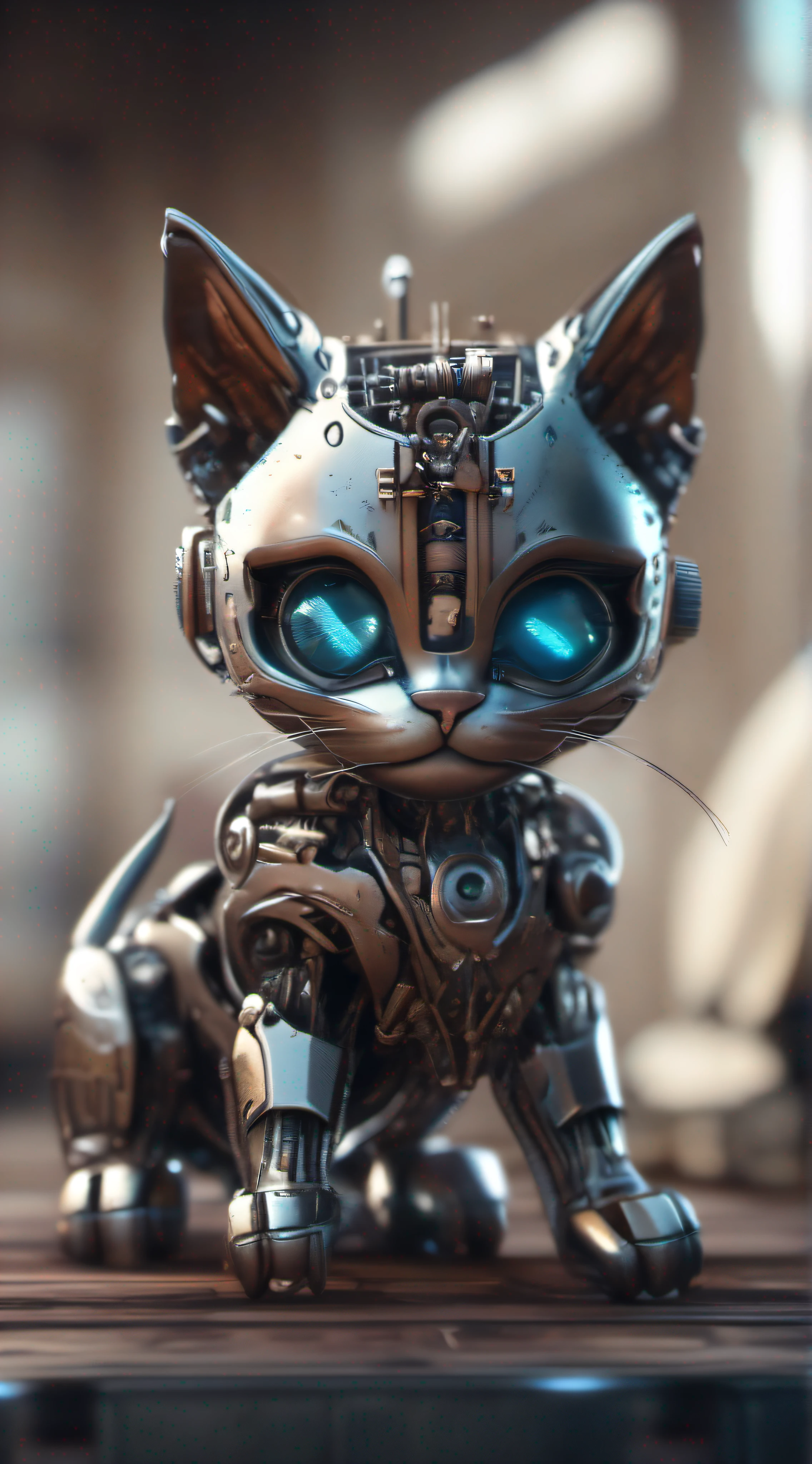 A cute kitten made of metal, robot, cyberpunk style, ((intricate details)), hdr, ((intricate details, super detailed)), cinematic footage, vignette