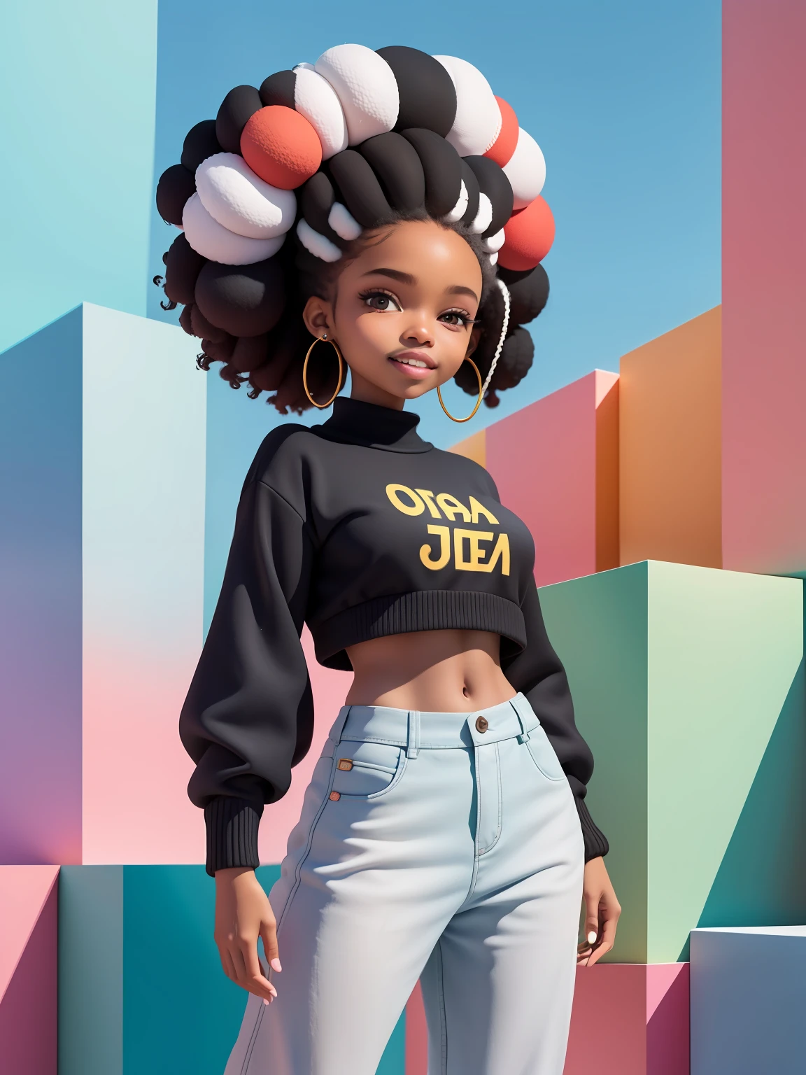 (obra-prima), (melhor qualidade), (ultra-detalhado), (corpo inteiro: 1.2) menina negra bonita e fofa, afro, capuz, moletom preto, Knitted jumpsuits, Pants, jaqueta, blusa, sorriso claro, corpo inteiro, :3, cabelo mesclado, fundo tom pastel , colorido e simples.