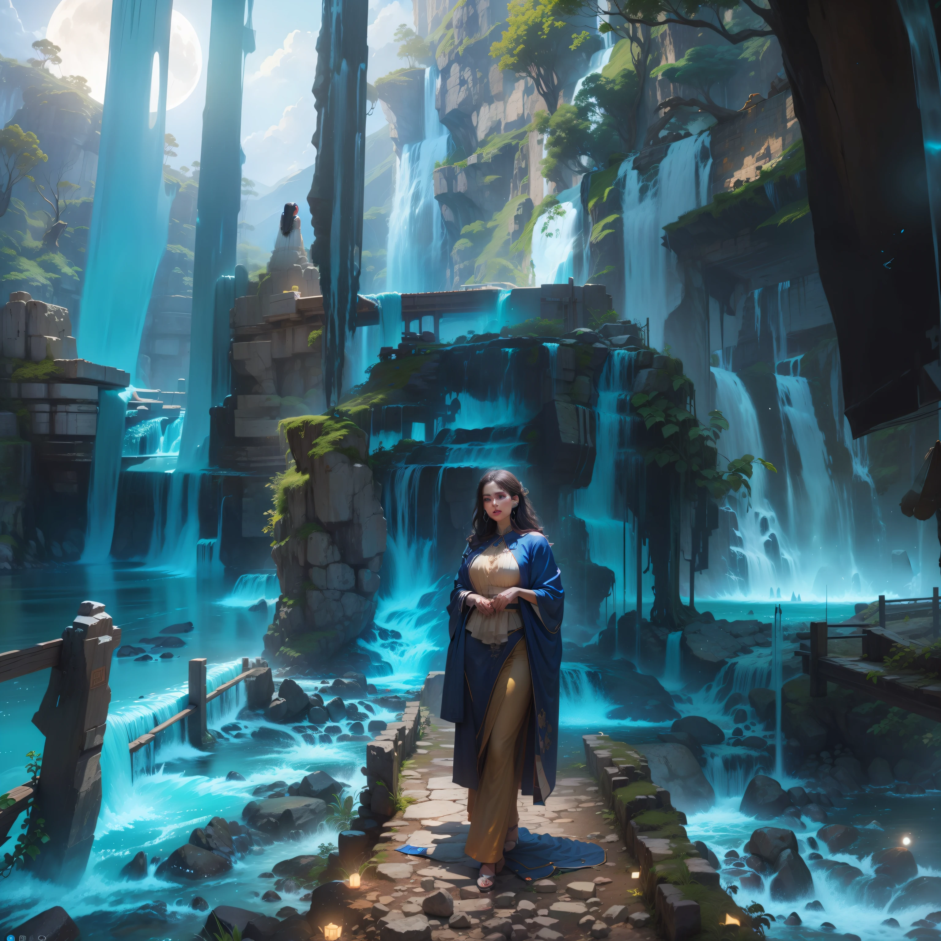 Giant waterfall background, blue earrings, realistic face. Beutiful girl, big moon in the sky, 8k ultra realistic
