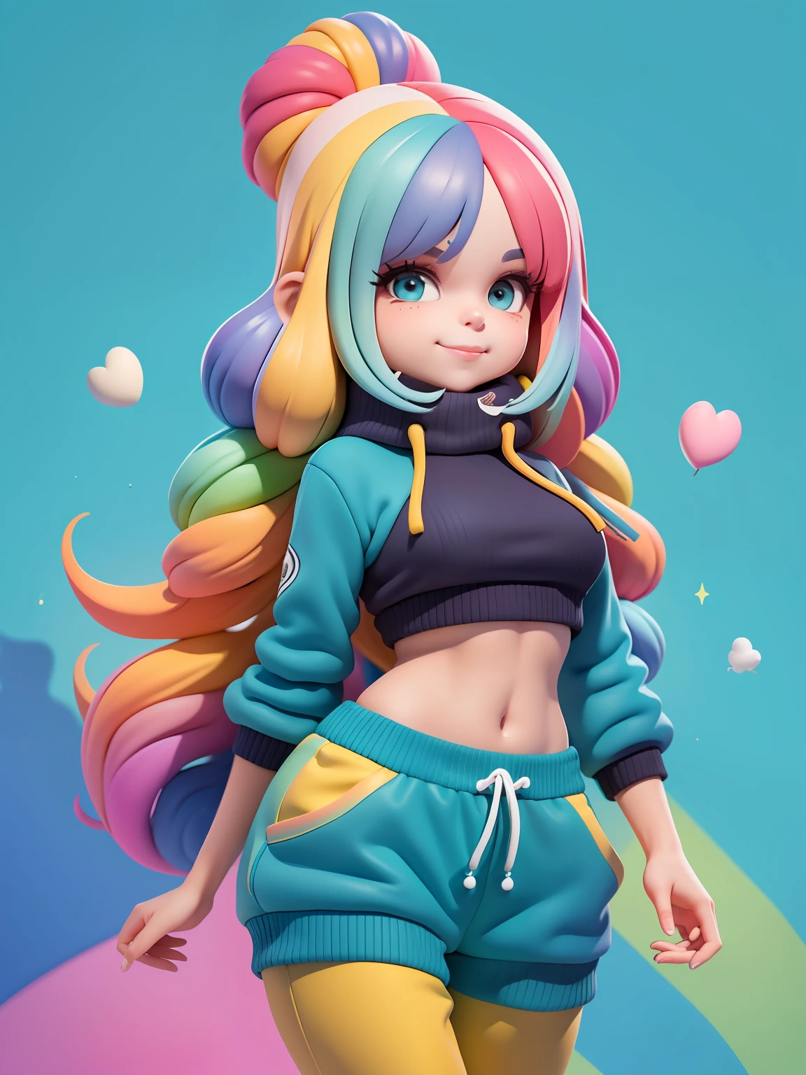 (obra-prima), (melhor qualidade), (ultra-detalhado), (corpo inteiro: 1.2) bonita e fofa, capuz, moletom preto, Knitted jumpsuits, Pants, jaqueta, blusa, sorriso claro, corpo inteiro, :3, cabelo multicolor, fundo tom pastel , colorido e simples.
