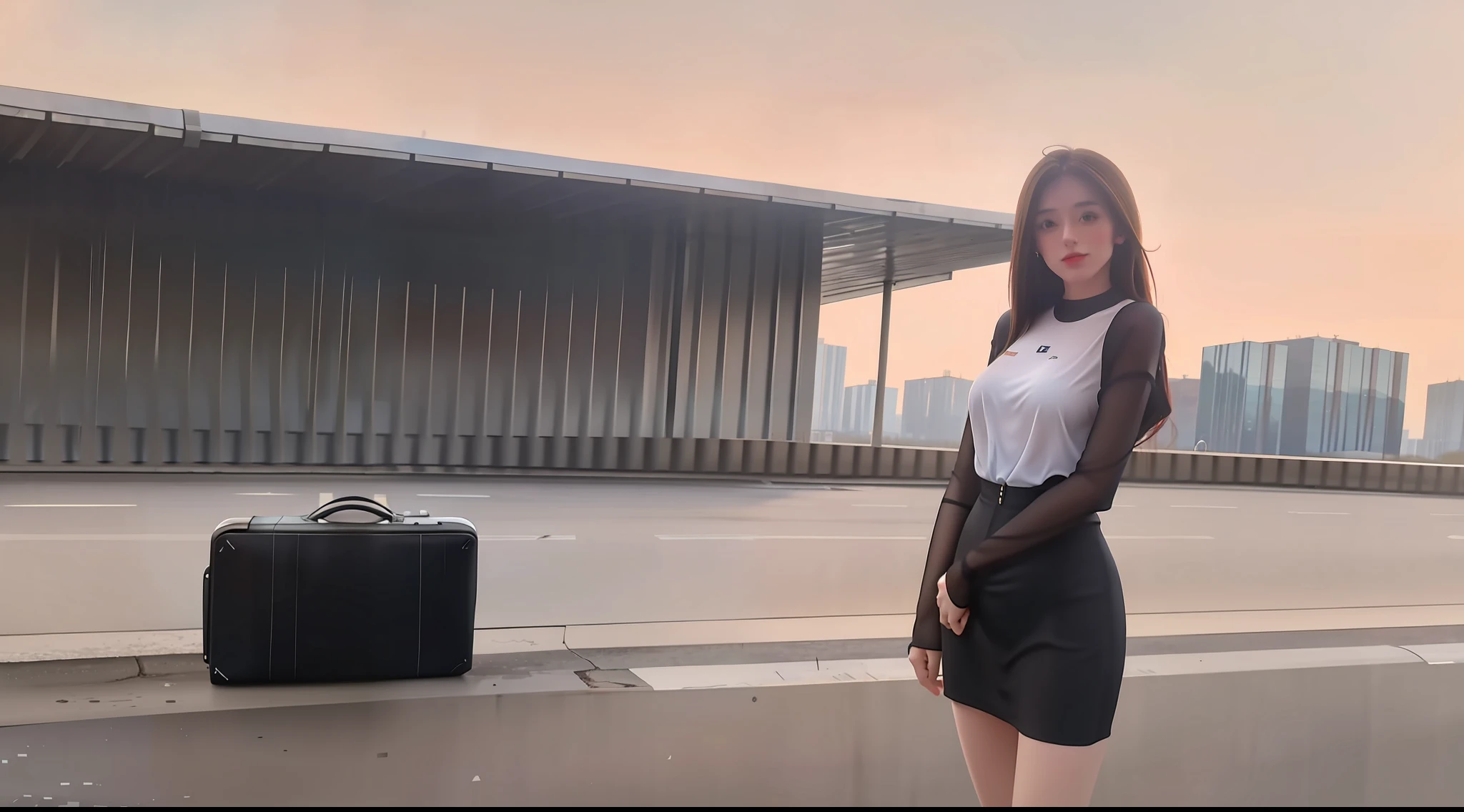 a beauty girl，brunette color hair，Outdoor airport，standing on your feet，Spread your legs，nedium breasts，Naked，，dewpoint，8K maximum resolution，realisticlying，Slim