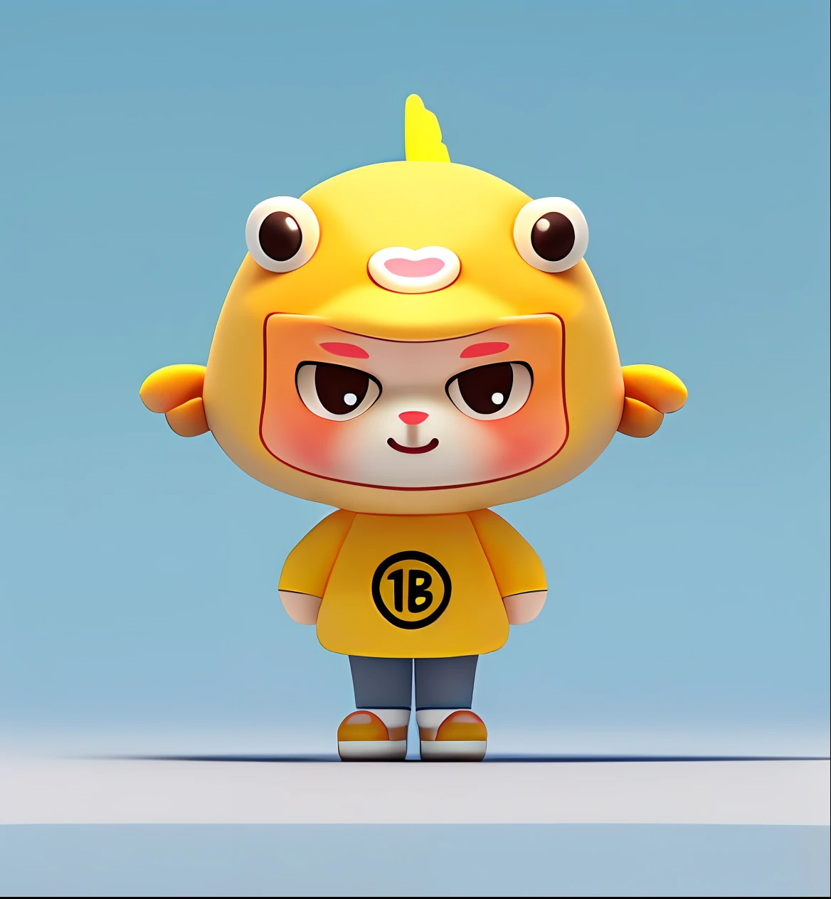 yellow clothing,Cartoon character in the shape of a yellow fish cap, Brown fish mouth,Brown fish gills,3D HD rendering of mascot, cute character, full body mascot, high quality character design, an animated character, character is standing, Beige complexion,com mascot,white backgrounid