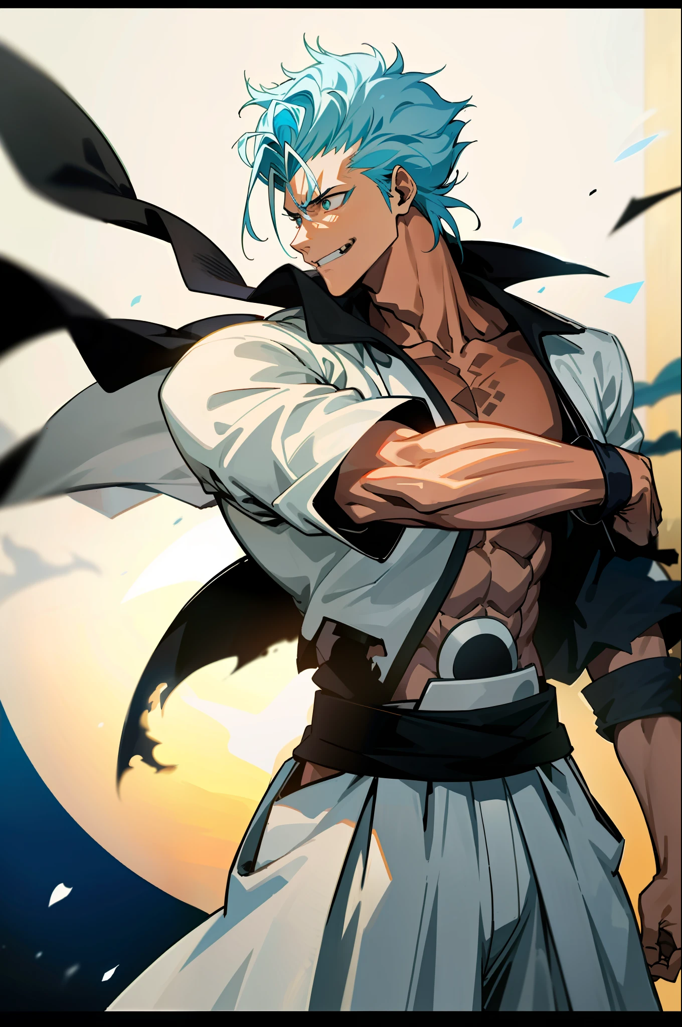 masterpiece, best quality, 1boy, grimmjow jaegerjaquez, at night, night, low light, natural light, fighting pose, white pants,  white jacket, smiling with tongue out, damaged clothes, damaged skin, street, japanese street, low light, light rays, aura power, floating particles, doing a power,  holding a katana, zanpakutou, angry eyes, angry face, smiling, looking ahead, male focus, strong muscles, movie composition, deth of field, bokeh