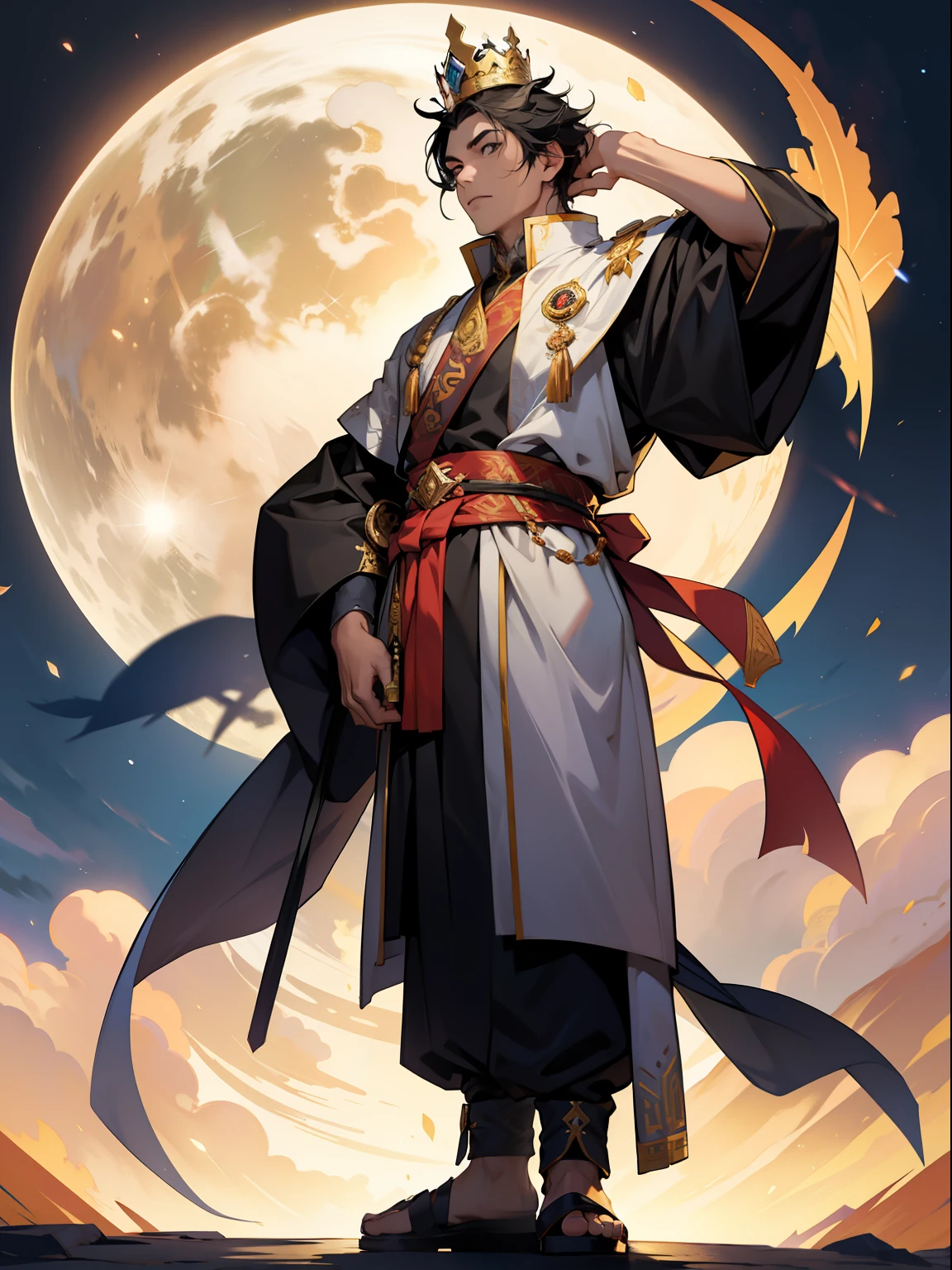 of a guy,Douluo Continent costume,Crown on head,Black hair,Mighty,standing on your feet,nigth,