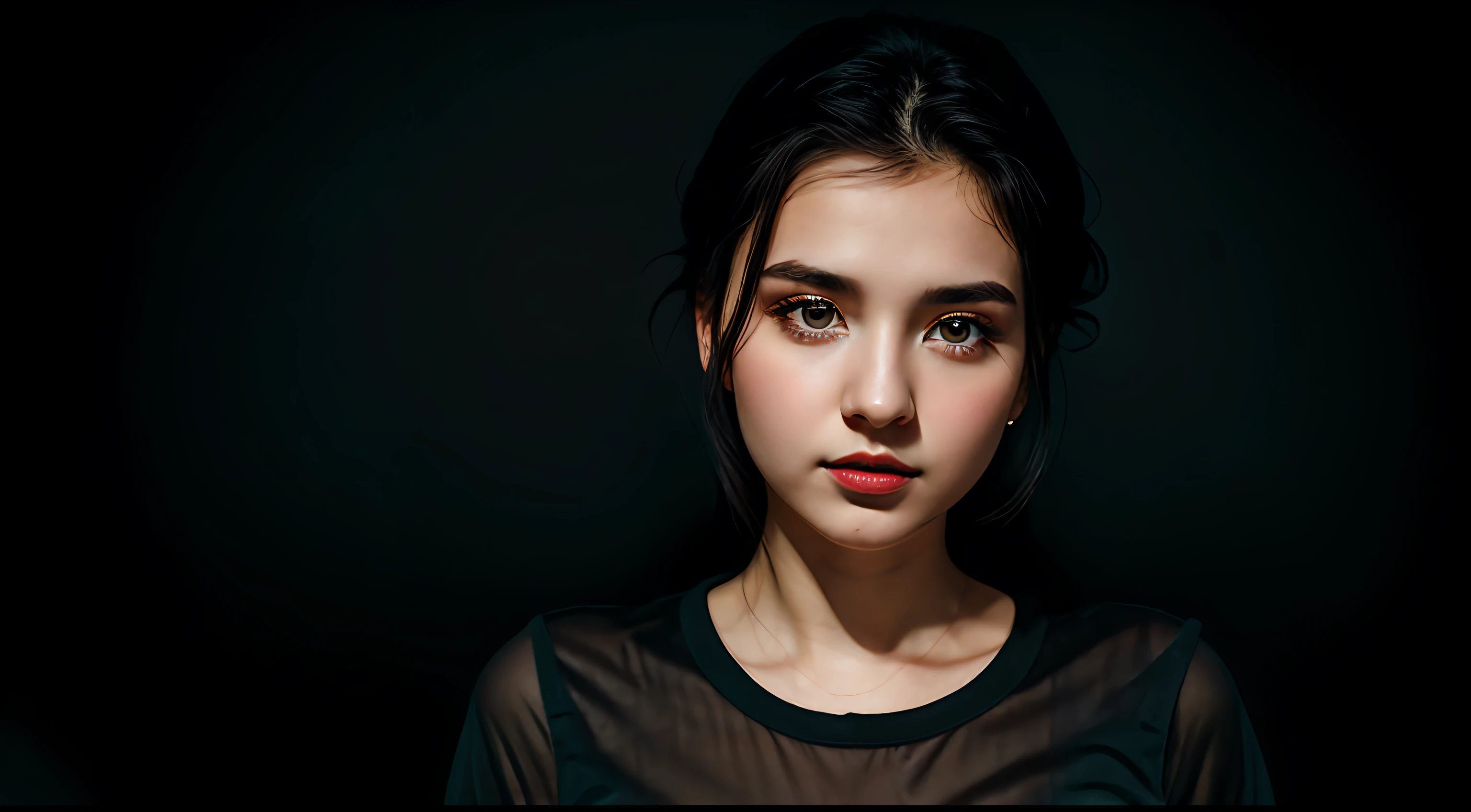 half body portrait of 1 young 20yo woman, black hair, wearing wonderful shirt, perfect eyes, perfect lips, perfect nose, professional color graded, wonderful woman, dark background, cute russian woman