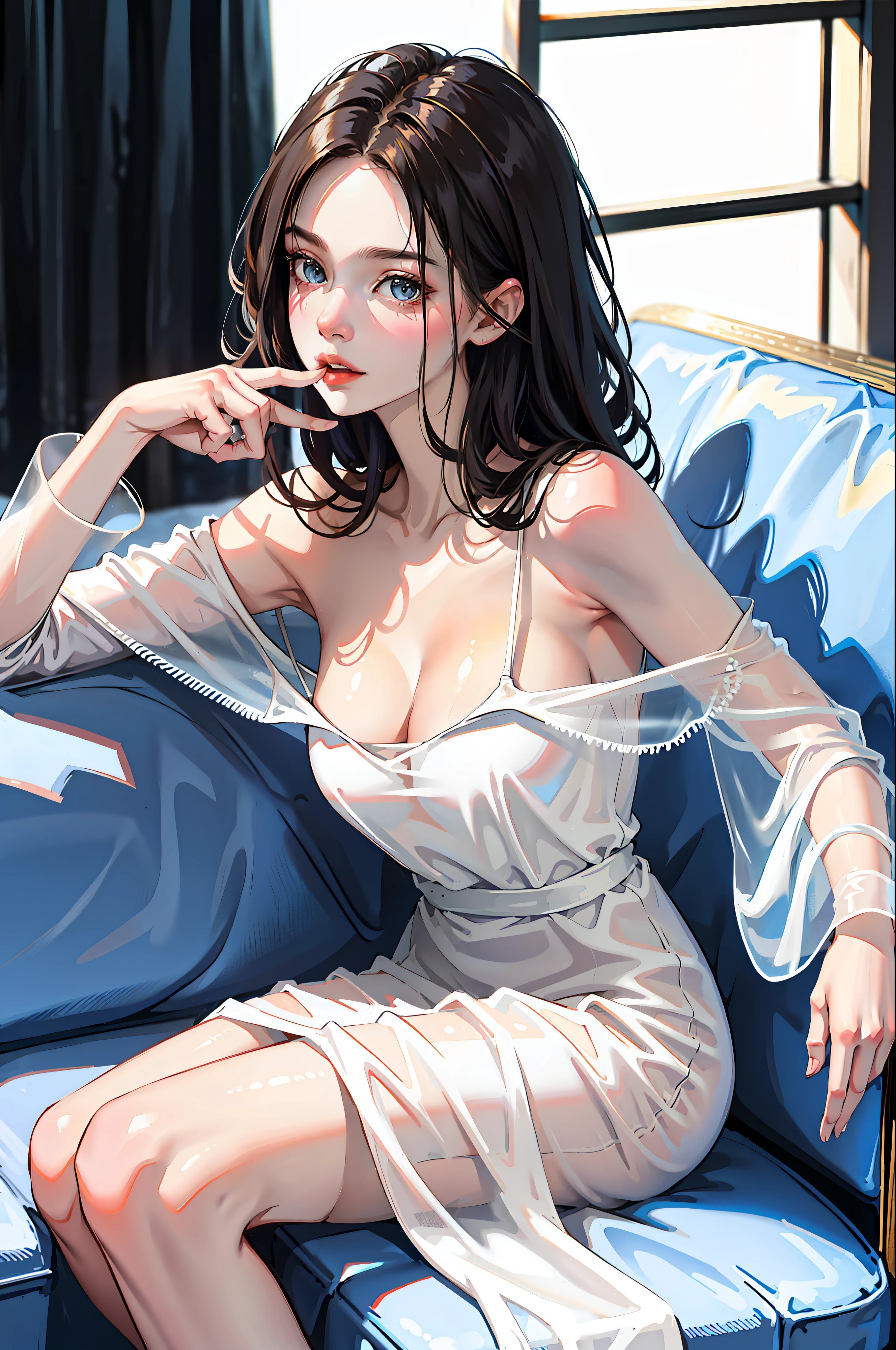 A beautiful mature and seductive woman, transparent dress, sitting on sofa, sexy pose, snow-white translucent skin, snow-white long legs, centered, hands covered, 135mm focal length, collarbone, perfect body, super high image quality, 8k,