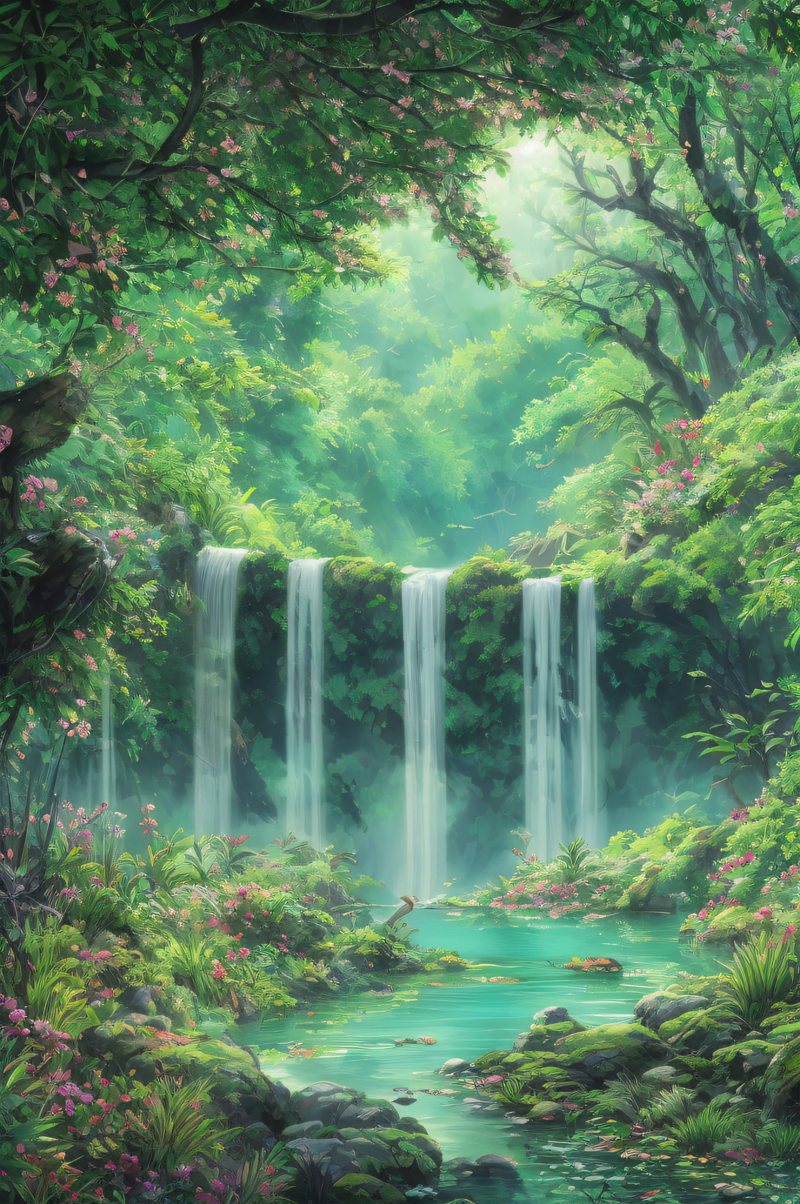 Chinese ancient times, spring, jungle, lake, cave, waterfall, tree, meadow, rock, deer, hot spring, water vapor, (illustration: 1.0), epic composition, realistic lighting, HD details, masterpiece, best quality, (very detailed CG unified 8k wallpaper)