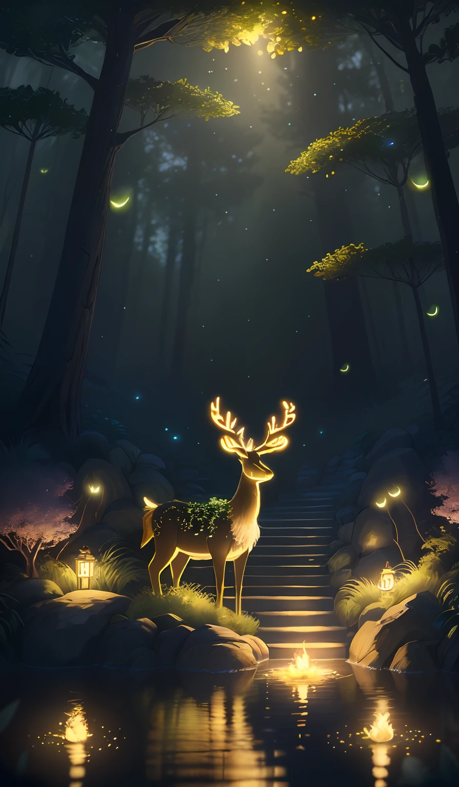 Masterpiece, best quality, (very detailed CG unity 8k wallpaper), (best quality), (best illustration), (best shadows), glow sprite, with a glowing deer, in the swimming pool Drinking water, natural elements in the forest theme. Mysterious forest, beautiful forest, nature, surrounded by flowers, delicate leaves and branches surrounded by fireflies (natural elements), (jungle theme), (leaves), (twigs), (fireflies), (particle effects) etc. 3D , Octane rendering, ray tracing, super detailed