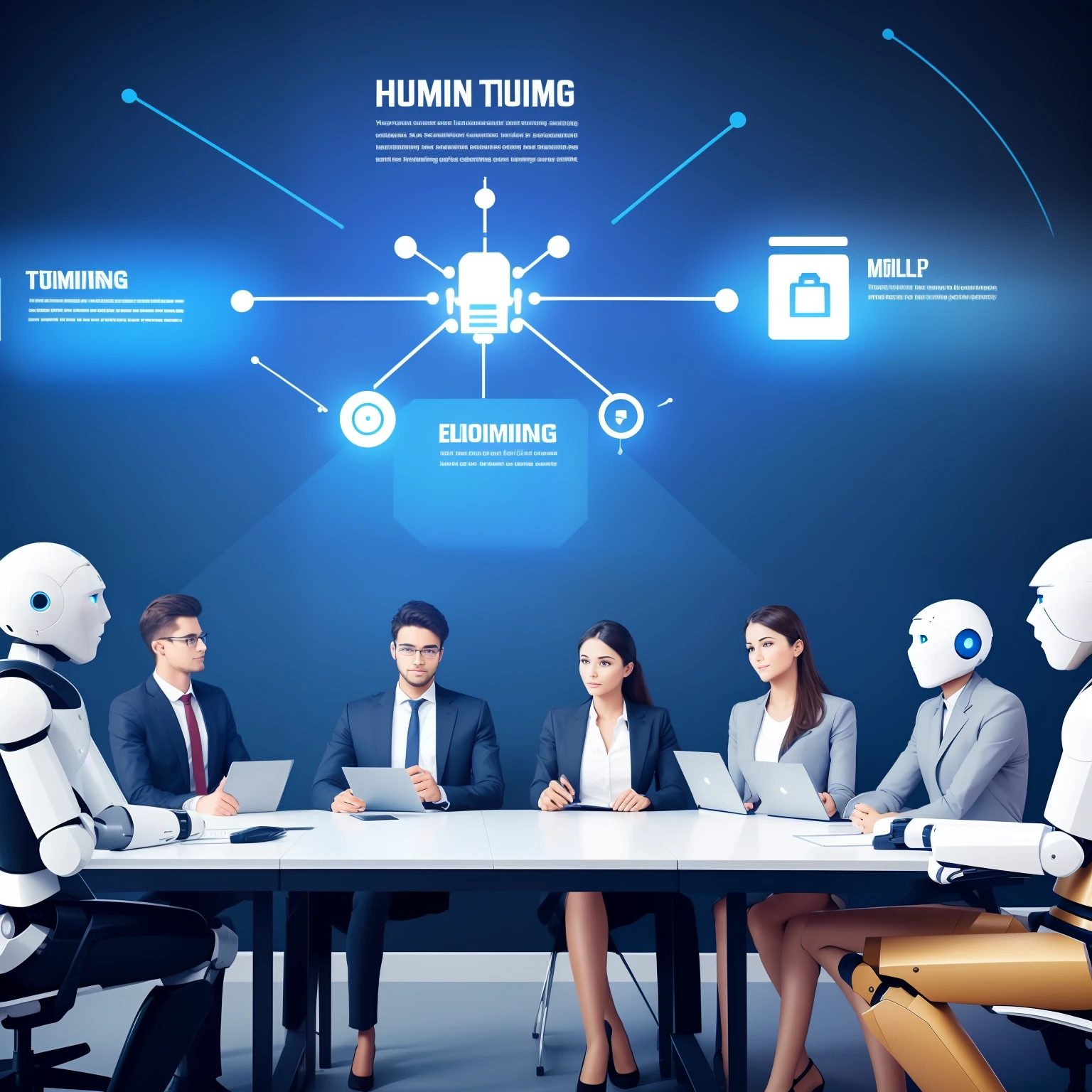 Robots and ((humans)) sitting in a conference room attending meeting with humans, discussing on marketing concepts, flowcharts explanation, sales growth, sales chart, marketing charts