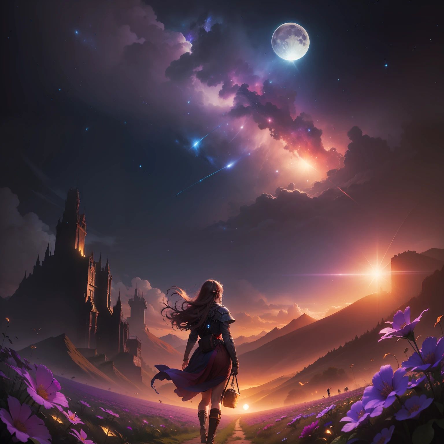 expansive landscape photograph , (a view from below that shows sky above and open field below), a girl standing on flower field looking up, (full moon:1.2), ( shooting stars:0.9), (nebula:1.3), distant mountain, tree BREAK
production art, (warm light source:1.2), (Firefly:1.2), lamp, lot of purple and orange, intricate details, volumetric lighting BREAK
(masterpiece:1.2), (best quality), 4k, ultra-detailed, (dynamic composition:1.4), highly detailed, colorful details,( iridescent colors:1.2), (glowing lighting, atmospheric lighting), dreamy, magical, (solo:1.2)