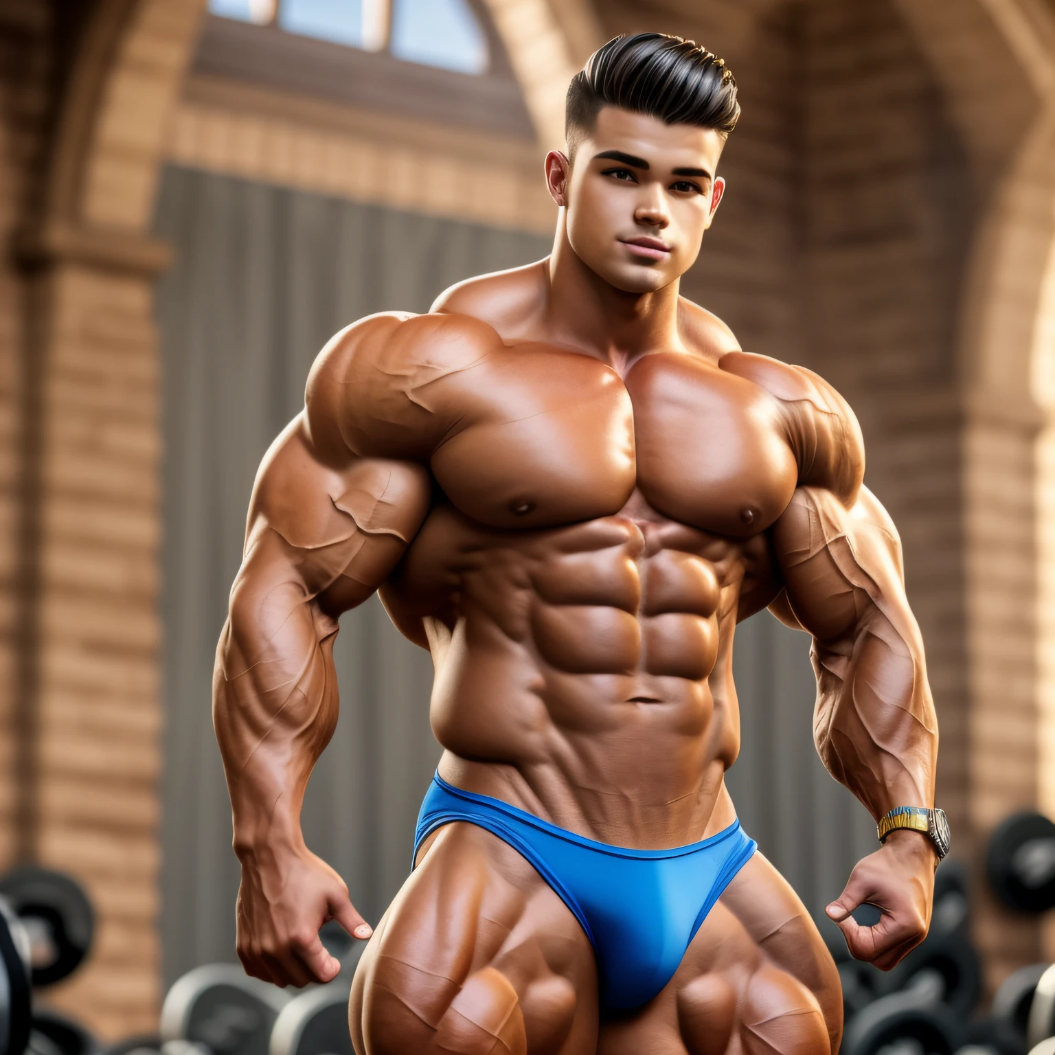 18 year old, super buff and cool, boy bodybuilder, embodying the perfect fusion of Spencer Boldman and Dominick Niccolai, steroid physique, confidently flaunts his (bodybuilding-inspired attire :1.4)with charm and style he soaks up the sun at a tudor revival fraternity house, upper body, (body-sculpted by gods:1.3) , (very tan:0.8+bronzed skin) , digital art inspired by Randy Vargas, zbrush central contest winner, flawless anatomy, simple, one color seemless posing thong, with no waistband, real light reflections, perfect contrast of highlight and shadow to display his physique