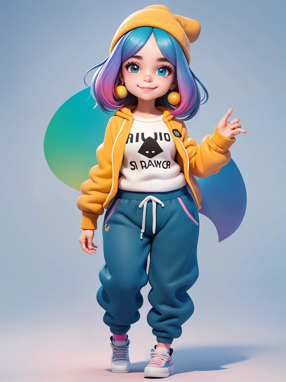 (obra-prima), (melhor qualidade), (ultra-detalhado), (corpo inteiro: 1.2) menina bonita e fofa, capuz, moletom preto, Knitted jumpsuits, Pants, jaqueta, blusa, sorriso claro, corpo inteiro, :3, cabelo multicolor, fundo tom pastel , colorido e simples.