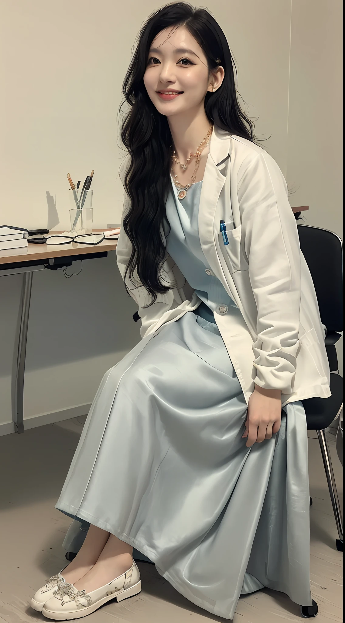 ((top-quality、8K、​masterpiece:1.3))、((1womanl))、((A Japanese Lady))、((A MILF))、((45 yers old))、((slim figure))、((Female Ophthalmologist))、((Detailed eye examination room))、((Office Desk))、((Detailed office chair))、((Sitting on an office chair))、((beautifully detailed hair))、((Float NovaFrogStyle))、((Black hair Long hair))、((Extraordinary beauty))、((Beautiful and ultra-detailed face))、((kindly smile))、((Detailed lab coat))、((Beautiful and detailed scruff))、((Detailed necklace))、((Beautiful and detailed hands))、((Detailed long skirt))、((Long skirt rolled up))、((Detailed beautiful legs))、((Beautiful and detailed ankles))、((Detailed anklet))