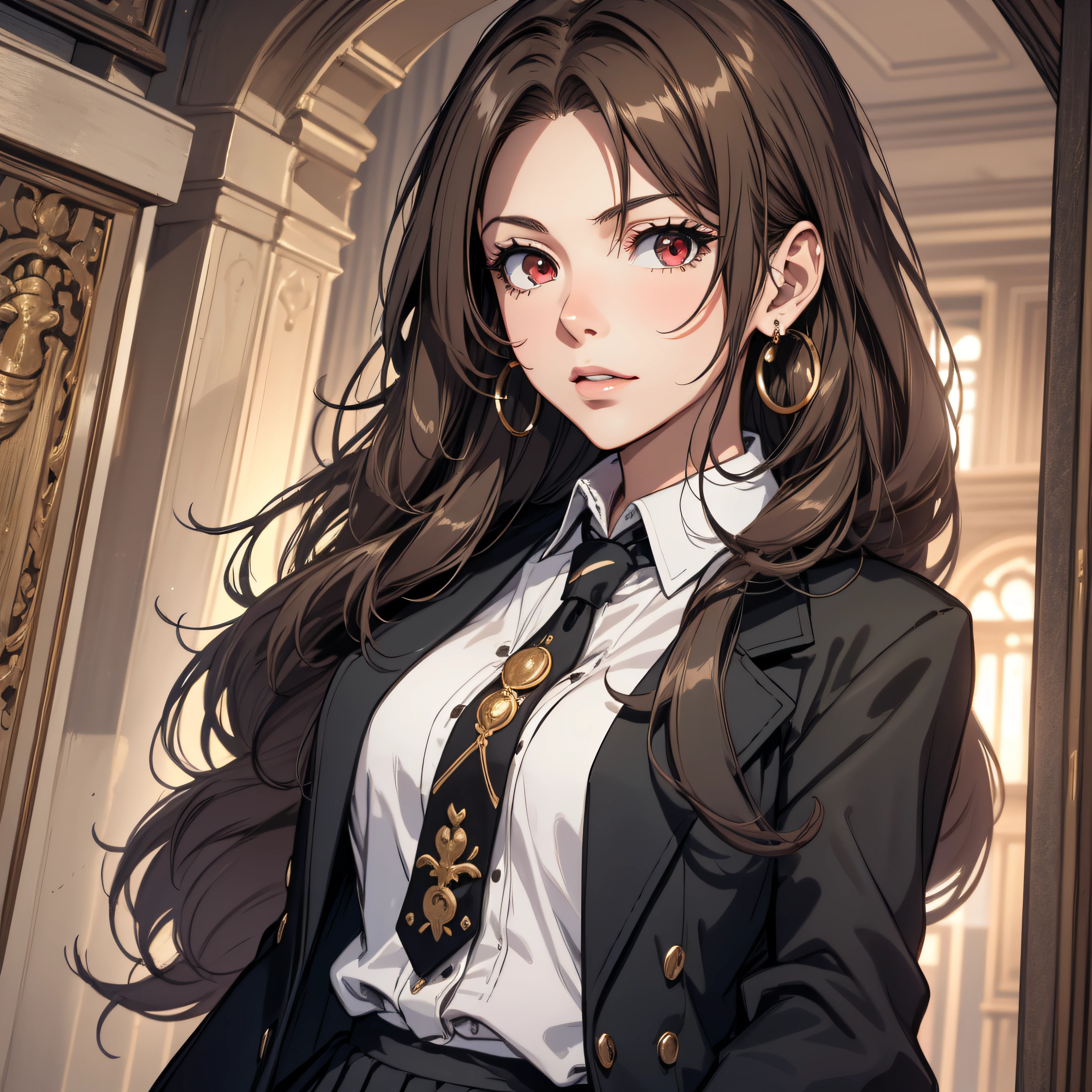 (best quality, masterpiece, ultra-detailed, extremely detailed, highres), (1girl, single, solo), 18 years old Anime girl, brown hair, long raven hair, slightly wavy hair, parted bangs, Magus, red eyes, diamond earrings, long black coat, necktie, white shirt, black skirt, aristocrat, noble attire, beautiful, ethereal, elegant, prestigious, classic, royal building, natural lips, magic school