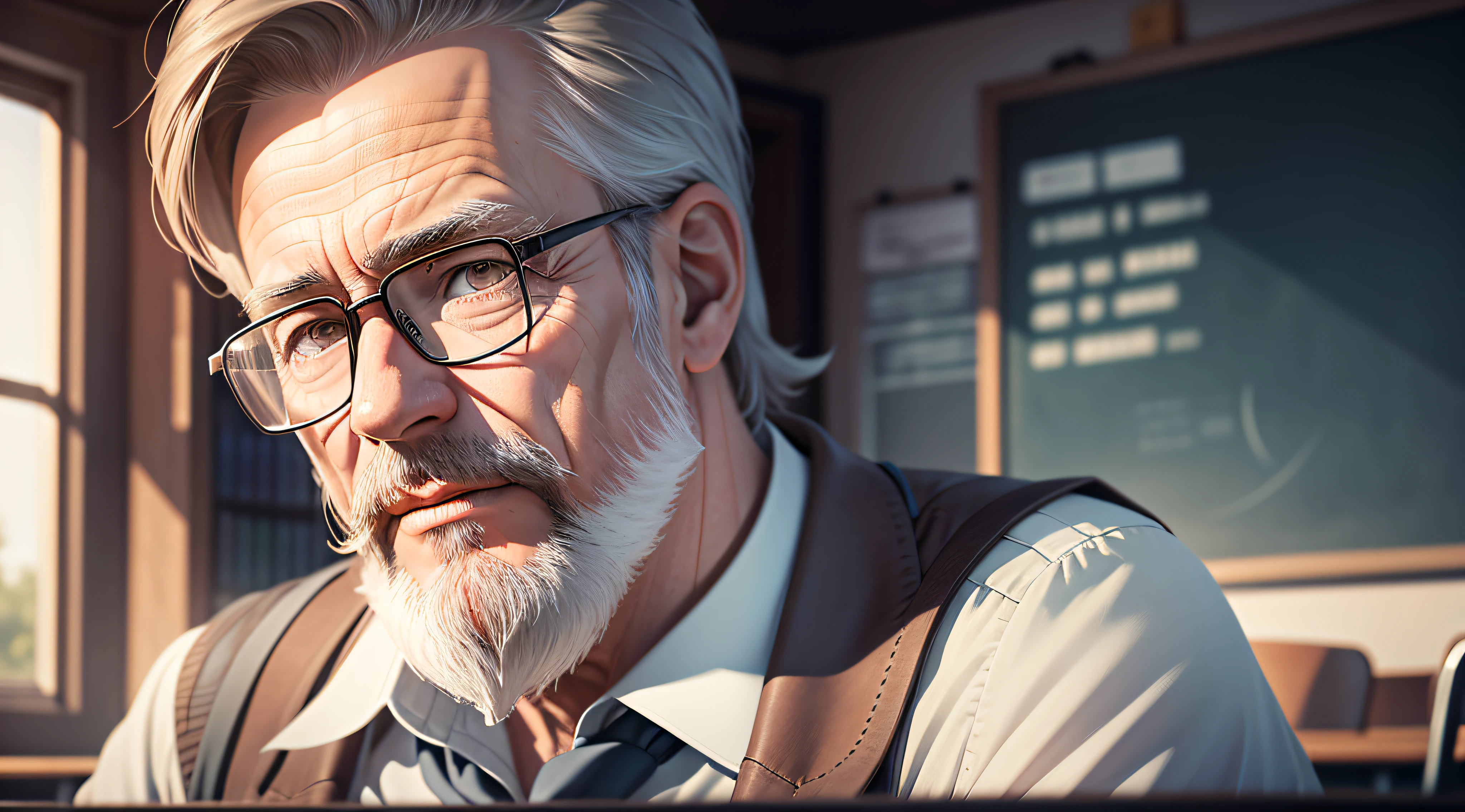 Drawing, ultra realistic, 8k, extremely detailed, in the best quality, a man, looking 50 years, teacher, with beard, and glasses, in a classroom.
