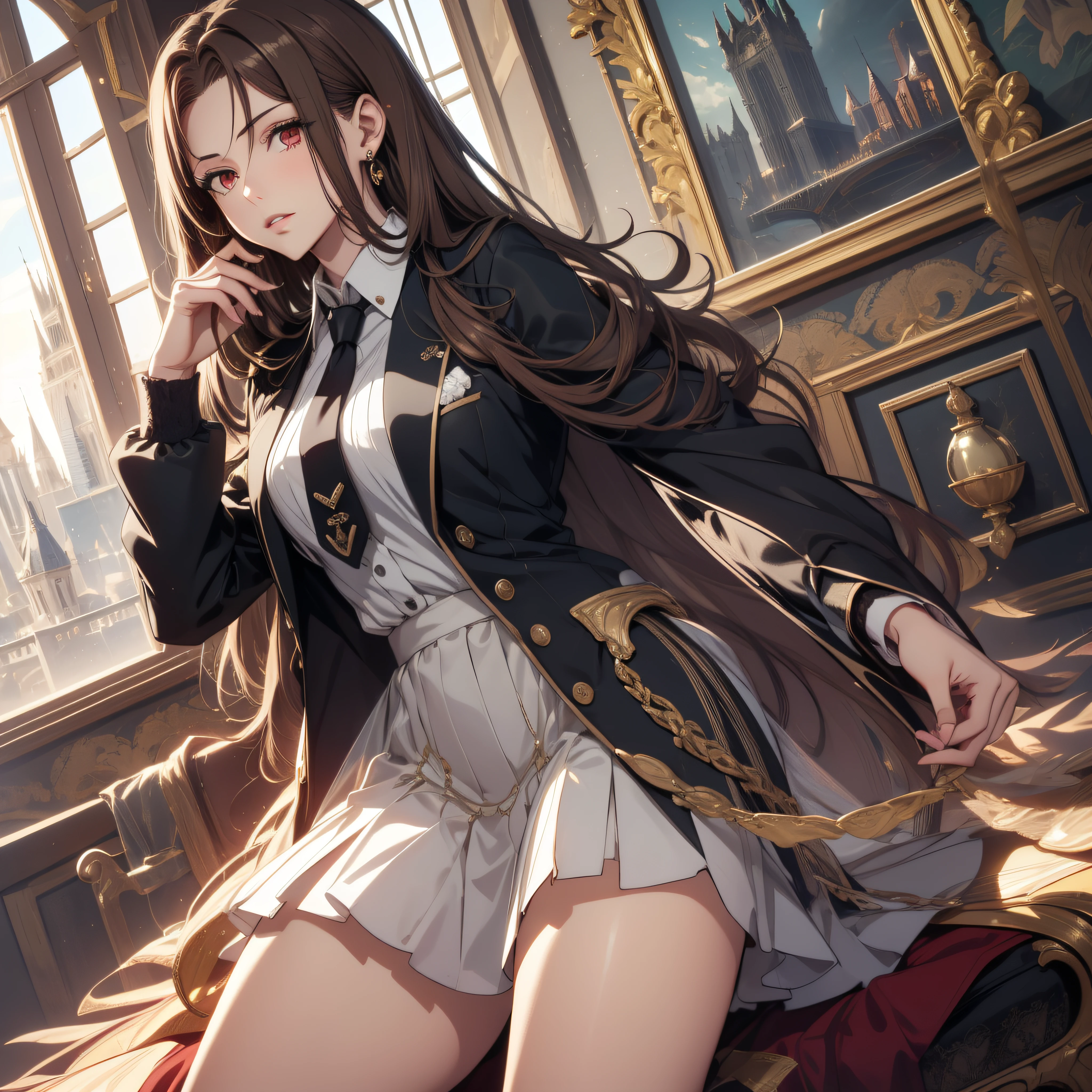 (best quality, masterpiece, ultra-detailed, extremely detailed, highres), (1girl, single, solo), 18 years old Anime girl, brown hair, long raven hair, slightly wavy hair, parted bangs, Magus, red eyes, diamond earrings, long black coat, necktie, white shirt, black skirt, aristocrat, noble attire, beautiful, ethereal, elegant, prestigious, classic, royal building, natural lips, magic school