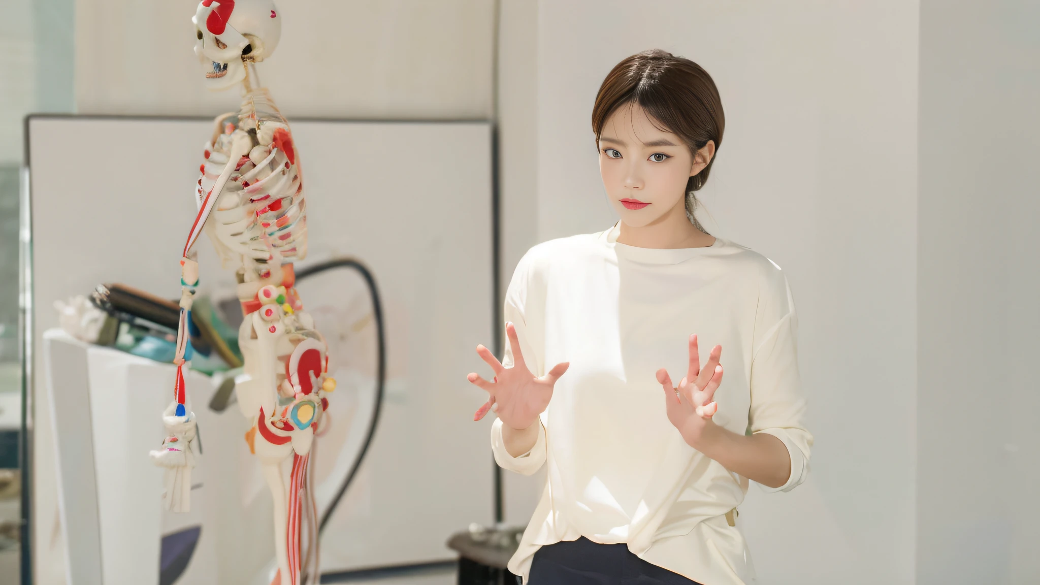 Woman in white shirt standing in front of a model of human skeleton, korean artist, Kim Hyun-joo, Choi Hyun-hwa, shin min jeong, lee ji eun, Lee Ji-eun, taken with canon eos 5 d mark iv, taken with canon 8 0 d, ji-min, taken with canon eos 5 d, Kim Tae-joon, Korean woman
