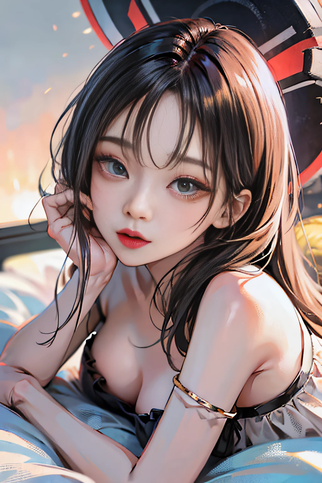 Top image quality、Raw photography、超A high resolution、Close-up of the face、Cute girl at 18 years old、Shooting for one person only、big round chest、cleavage of the breast、Camisole、Beautiful Eyes of Details、very elongated eyes、Beautiful eyelashes、Beautiful double eyelids、Lying face down on a large bed、White Wall Room、White ceiling
