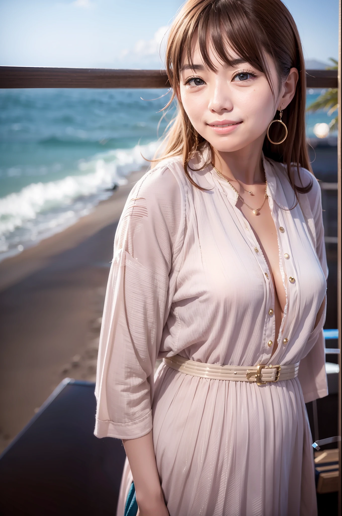 a smile、realistic woman、realistic phot、 realistic beach