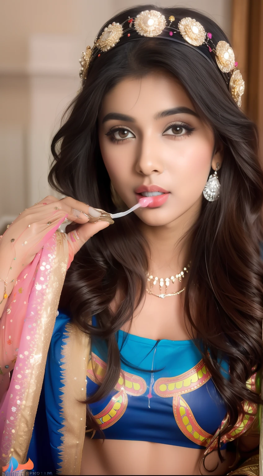 Masterpiece, highest quality, hyper-realistic portrait of an Indian girl with Indian Beauty wear dupatta on head (8k, best quality), Indian girl {{cum(sperm) on face}}, girl cum_in_mouth. Red lipstick. Girl blowjob man monster black cock ( big dick ).