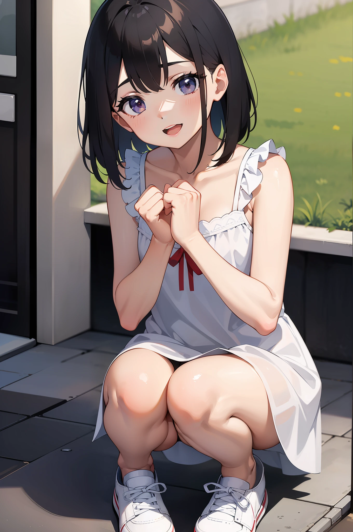 10yaers old Elementary school girl flat chest A dark-haired a short bob 1 persons A smile with a slightly open mouth White summer dress sneakers shopping street In front of the store of Squatting legs are slightly open Visible white girl panties