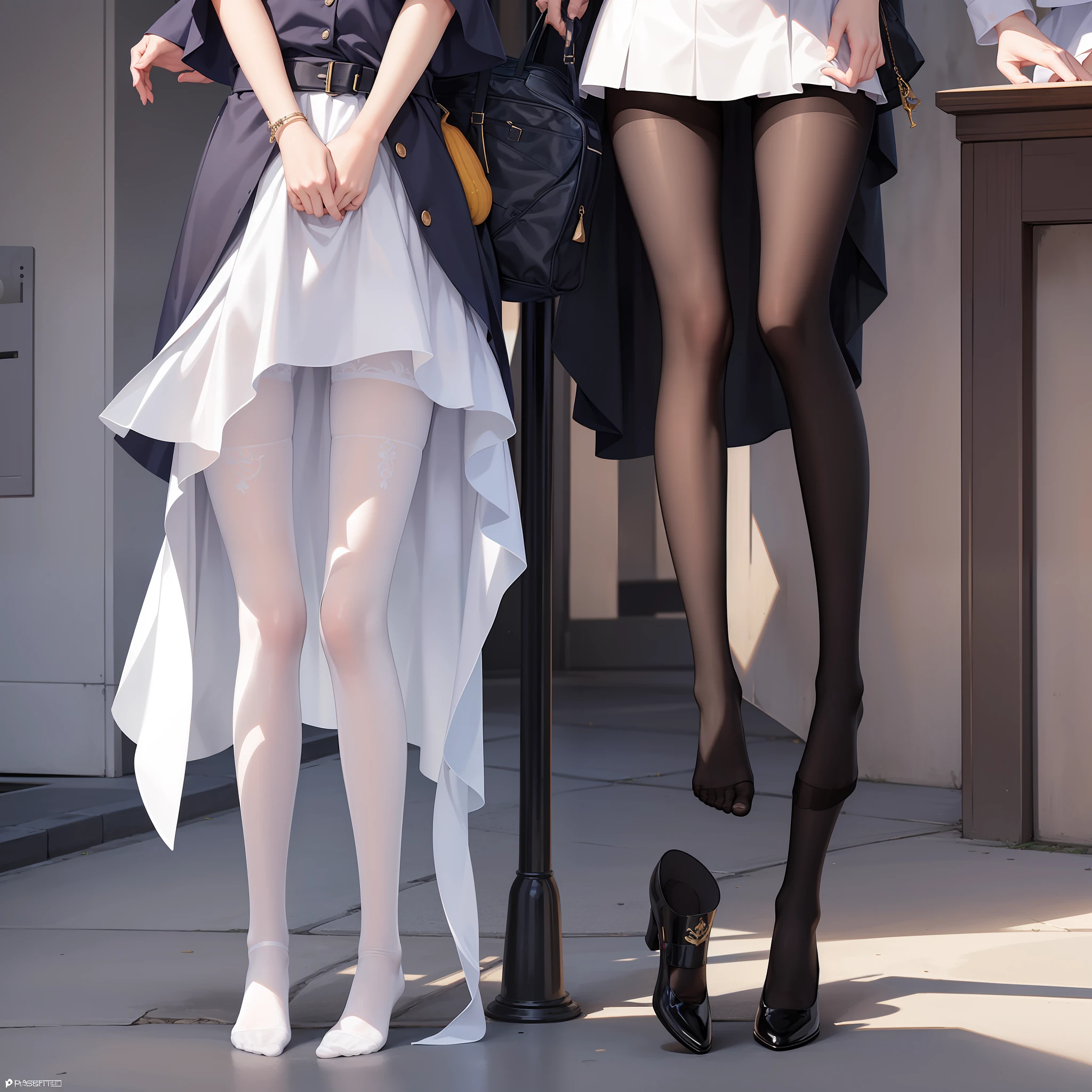 tmasterpiece，best qualtiy：1.4），Smooth movement，（2girls），（highest details），lacepantyhose，without wearing shoes，Whole body diagram，chiquita，Pubic bone，Plaza，by passers-by
