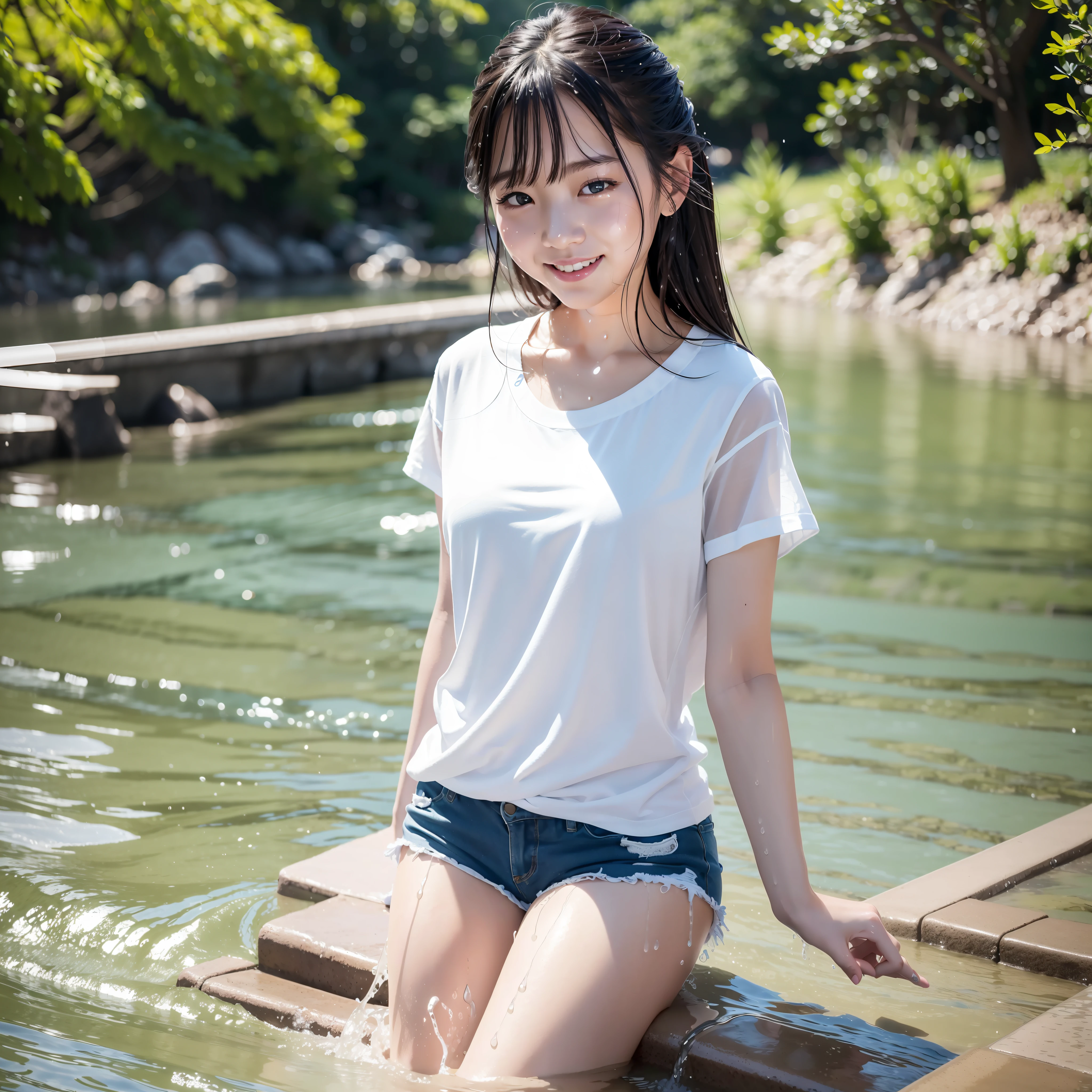 (8K、Raw photography、top-quality、masterpiece:1.2)、ultra-detailliert、Live-action girl、blurry backround、Japan girls happily splashing water on each other in the river、Wearing a white T-shirt、Wearing dark blue shorts、Realistic Japan Girl、Beautiful wet hair、The white T-shirt is soaked and the human skin is see-through、The whole body is soaked and realistic human skin lines float、Raw Video、Live action cute smiling girl dripping water、River Frontier、River
