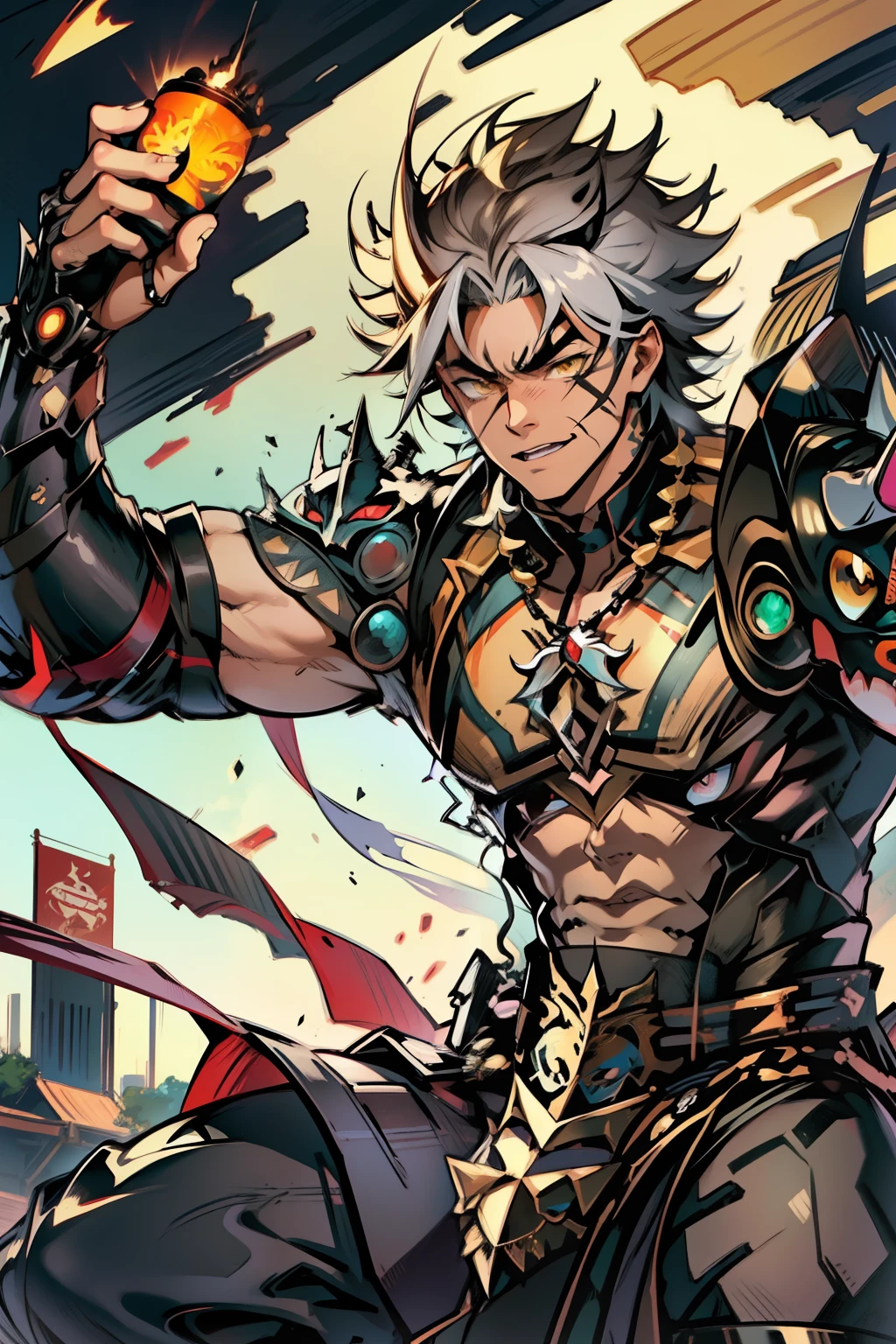 《the original god》Arataki Kazuto , male people，，((Masterpiece)), ((Best quality)), Ultra detailed,((illustration)), Dynamic Angle, Detailed light, (Delicate eyes), Floating, 1boy, Male focus, Head, Clothing, Yellow eyes, necklace, tattoo, (Forehead:0.8), (ahoge:0.8), jewelry, apathy，Ray， chest muscle， Sexy , Venom symbiote for your body, Black mucus of the body , （into venom）, Venom，frontage，style of anime4 K， 4K anime wallpaper， Badass anime 8 K， 4 k comic wallpaper， young anime man， Anime boys， Anime wallpapers 4 k， Anime wallpaper 4K， High quality anime art style， Anime moe art style， Anime art wallpaper 8 K， Anime art wallpaper 4 K， RGB lighting