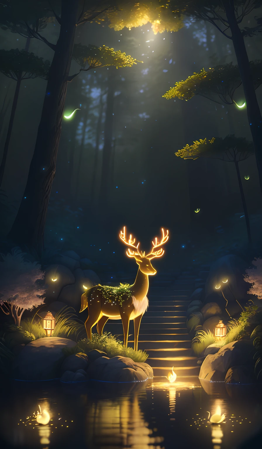 Masterpiece, best quality, (very detailed CG unity 8k wallpaper), (best quality), (best illustration), (best shadows), glow sprite, with a glowing deer, in the swimming pool Drinking water, natural elements in the forest theme. Mysterious forest, beautiful forest, nature, surrounded by flowers, delicate leaves and branches surrounded by fireflies (natural elements), (jungle theme), (leaves), (twigs), (fireflies), (particle effects) etc. 3D , Octane rendering, ray tracing, super detailed