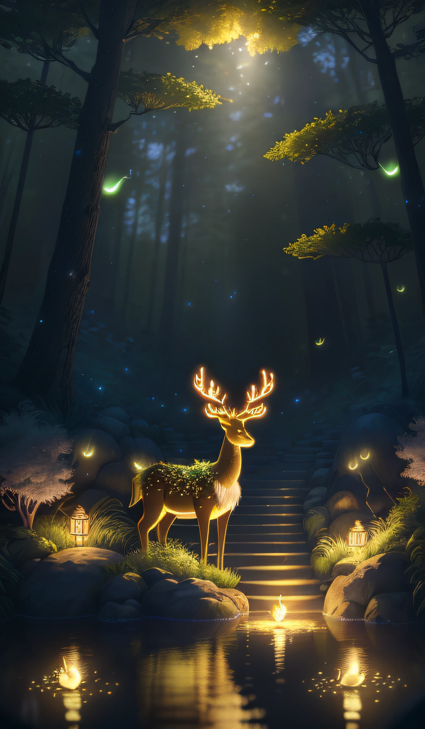 Masterpiece, best quality, (very detailed CG unity 8k wallpaper), (best quality), (best illustration), (best shadows), glow sprite, with a glowing deer, in the swimming pool Drinking water, natural elements in the forest theme. Mysterious forest, beautiful forest, nature, surrounded by flowers, delicate leaves and branches surrounded by fireflies (natural elements), (jungle theme), (leaves), (twigs), (fireflies), (particle effects) etc. 3D , Octane rendering, ray tracing, super detailed
