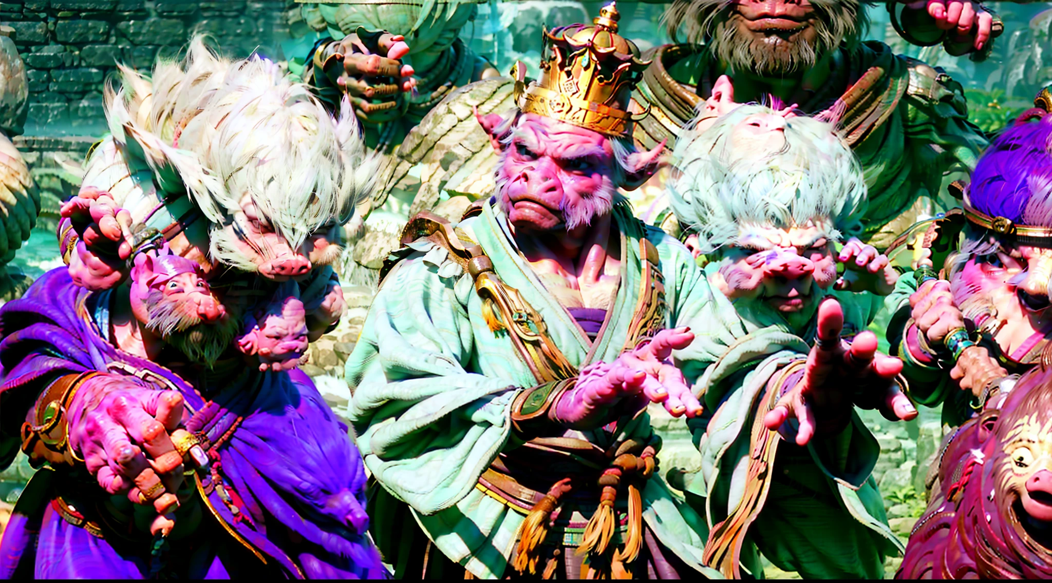 Pig Bajie,An anthropomorphic pig,Marshal of the canopy in Chinese mythology,Close-up of a pot-bellied pig,Anthropomorphic warrior anthropomorphic pig,Dressed in fairy costumes,Anthropomorphic pig head,All with crowns,Costumes: Traditional Arabic cultural costumes,Normal hands,normal feet,Works of masters,Ultra-clear image quality