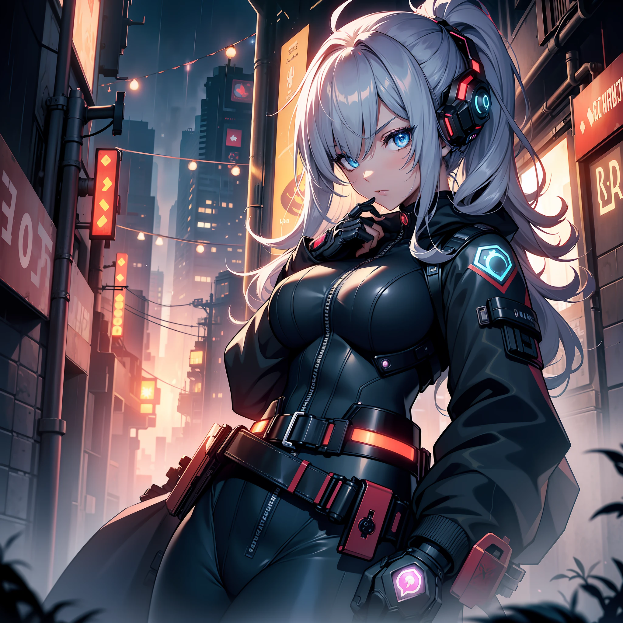 (masterpiece:1.5), highlydetailed, dark, intense shadows, in a cyberpunk city, in a baroque architecture where she's infiltrating, with glowing neon lights, on a hill overlooking the city, in misty onsen, expressionless, wearing a sleek black bodysuit, armed with high-tech gadgets and weapons, with a hidden blade, surrounded by a thick fog, with intense red moonlight, with heavy rain pouring down, with a mysterious emblem on her back, with steam rising from the ground, accompanied by a loyal robotic companion, with a grappling hook attached to her belt, with piercing blue eyes, with slender figure, with a scar on her cheek, with smoke swirling around her, with digital holographic interface in her visor, with a silver spider symbol on her wrist.