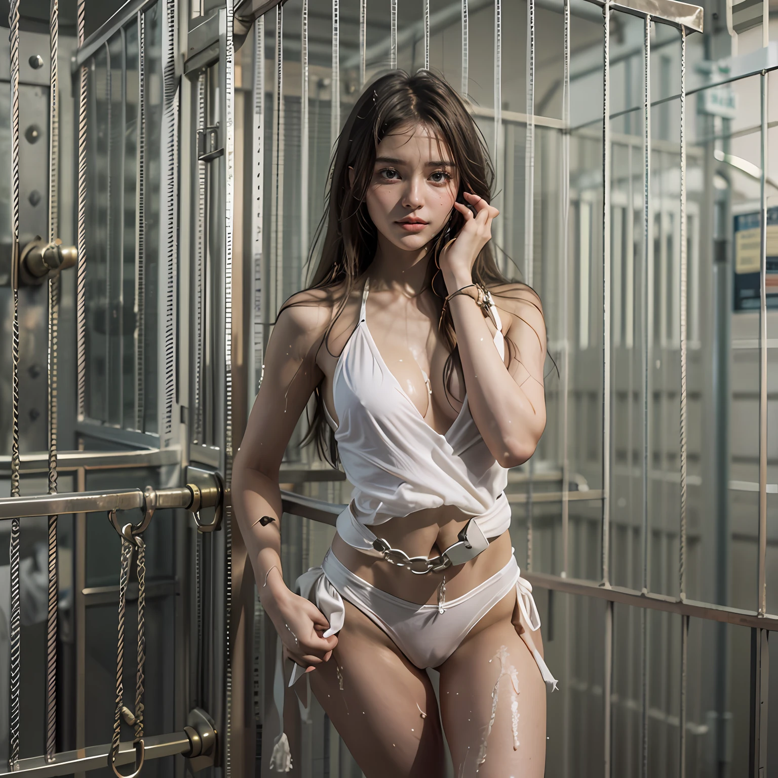 jail cell,There are handcuffs and leg irons on the floor,All kinds of torture instruments,Sexy standing pose,Random white sexy swimsuit,Full body portrait 1.1,18 years old girls,lean and slender body,Skinny,Smaller bust,The barefoot,Leaky ,Leakage of all breasts,????? all over the body,facing to audience