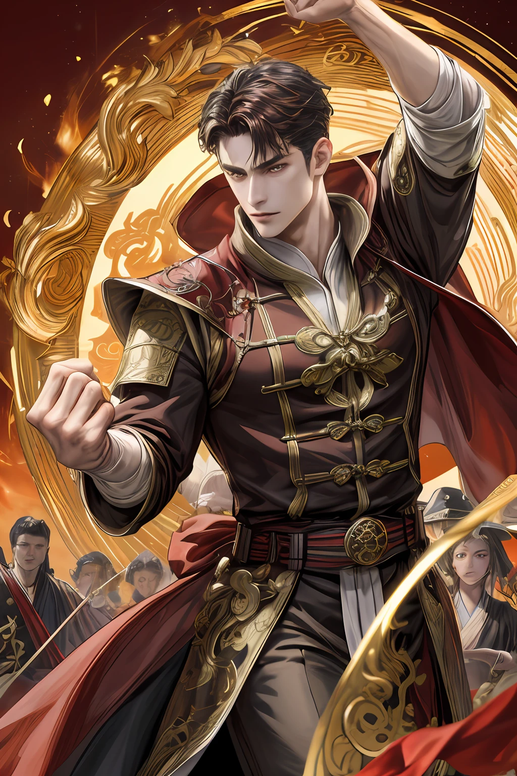 (absurdes, Intricate details, Masterpiece, Best quality, High resolution, 8k),  1 homme, Pretty Boy, Asiatique, mature, vieilli, beau, tall muscular guy, broad shoulders, poils de queue de cheval, dark brown eyes, finely detailed eyes, and detailed face, Regarder le spectateur, seulement, (style-swirlmagic:0.7), (corps entier:0.6), (Chinese Fantastic Theme:1.1), cheveux qui coulent dans le vent, Artiste martial, pose dynamique, Position de combat, Clenched fist, Gants sans doigts, enveloppements de poignet, Dragon-themed clothing, Robes de moine, Bamboo forest in the background, Particules flottantes tourbillonnantes, composition dynamique, Mystical oriental medieval atmosphere, profondeur de champ, VFX.