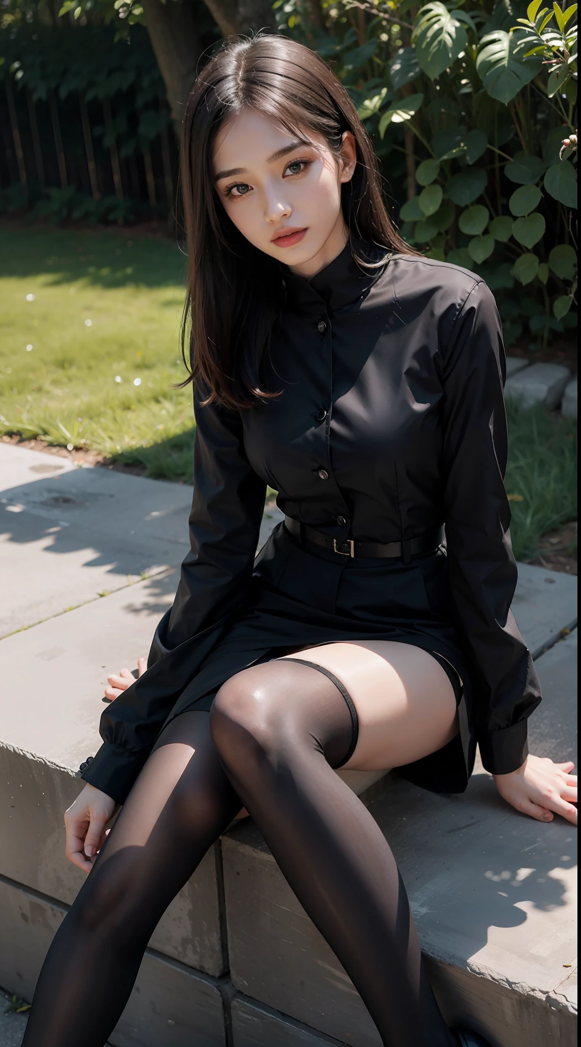 Best quality, full body portrait, delicate face, pretty face, 25 year old woman, slim figure, small bust, OL uniform, office clothes, black stockings, outdoor scene, sitting position, (Realistic lighting, Best quality, 8K, Masterpiece: 1.3), Focus: 1.2, 1girl, Perfect beauty: 1.4, Slim Abs: 1.1, Double eyelids, hyper realistic, Nikon RAW photo, 8k, Fujifilm XT3,