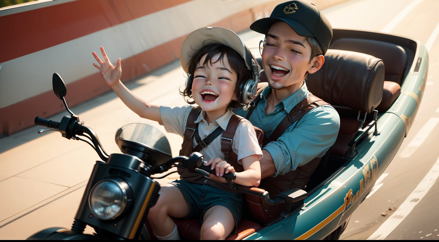He is skillfully handling the controls and giving an enthusiastic ride to a laughing child who is sitting on the ride with joy