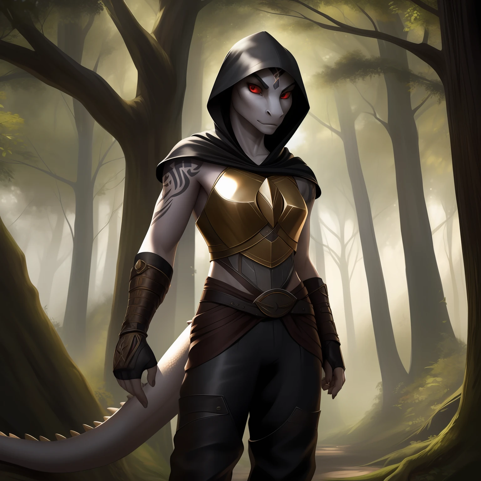 (high res, best quality, masterpiece), realistic, soft lighting, vivid colors, HD 4K, adult woman, (solo), ((anthro reptilian woman)), (lizard arms, scaled legs), has a lizard tail, spiked tail, short blond hair, red eyes, (detailed eyes), adventurous, in the forest, on a tree branch, tattoos on arms, pale skin, pale complexion, greyish skin, full body, slim body, fitted armor, wearing a breastplate, has on a hood, long pants, pants: Black, leather jacker, fingerless gloves, bow and arrow, hiding in the shadows