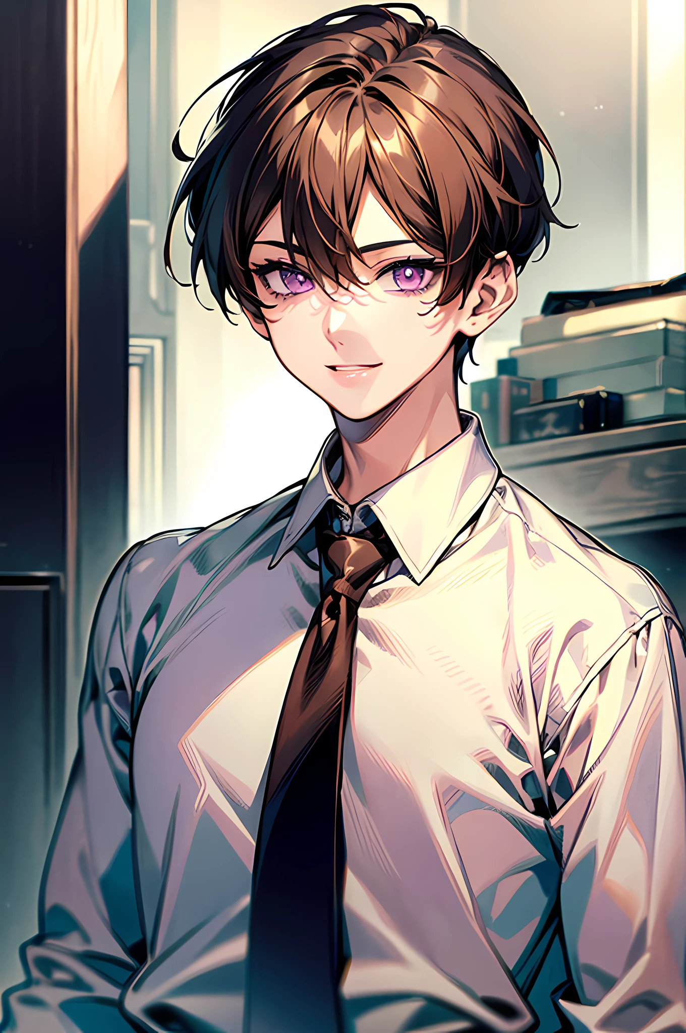 (MASTERPIECE, TOP QUALITY, BEST QUALITY, OFFICIAL ART, BEAUTIFUL AND AESTHETIC:1.2), EXTREMELY DETAILED, HIGH QUALITY, HIGHRES, SMILE, UPPER BODY, LOOKING AT VIEWER, (1BOY:1.4), (MATURE MALE:1.4), SOLO FOCUS, INTRICATE DESIGN, (VERY DETAILED EYES:1.5), SHORT HAIR, BANGS, BROWN HAIR, HAIR BETWEEN EYES, (SHINY SKIN), OFFICE BACKGROUND, navi necktie, white shirt, collared white shirt, purple eyes
