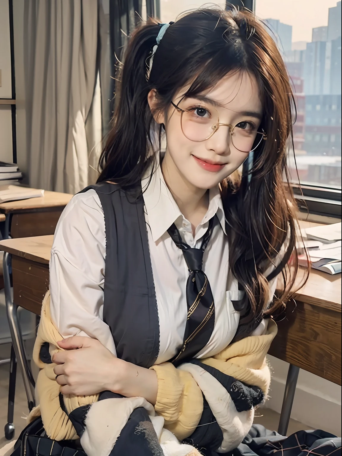 uniform ,highschool ,teenage cute ,women ,glasses ,pony tails ,asian ,cute face ,vest uniform, tie, tall,full body,real,skirt, brunette, window, schoolyard, trees, school desks, desk pov, afternoon, golden hour,sunset, messy bangs, beautiful, otherworldly,high details, glamour,4k,golden sunlights,slender body,messy hair,blackhair, warm lighting, hyper realistic,slightly curvy,medium breast, rolled up sleeves, summer, detailed face, detailed eyes, colorful palette , intricately detailed, smiling,5 centimeters per second artstyle, warm lighting, warm color palette