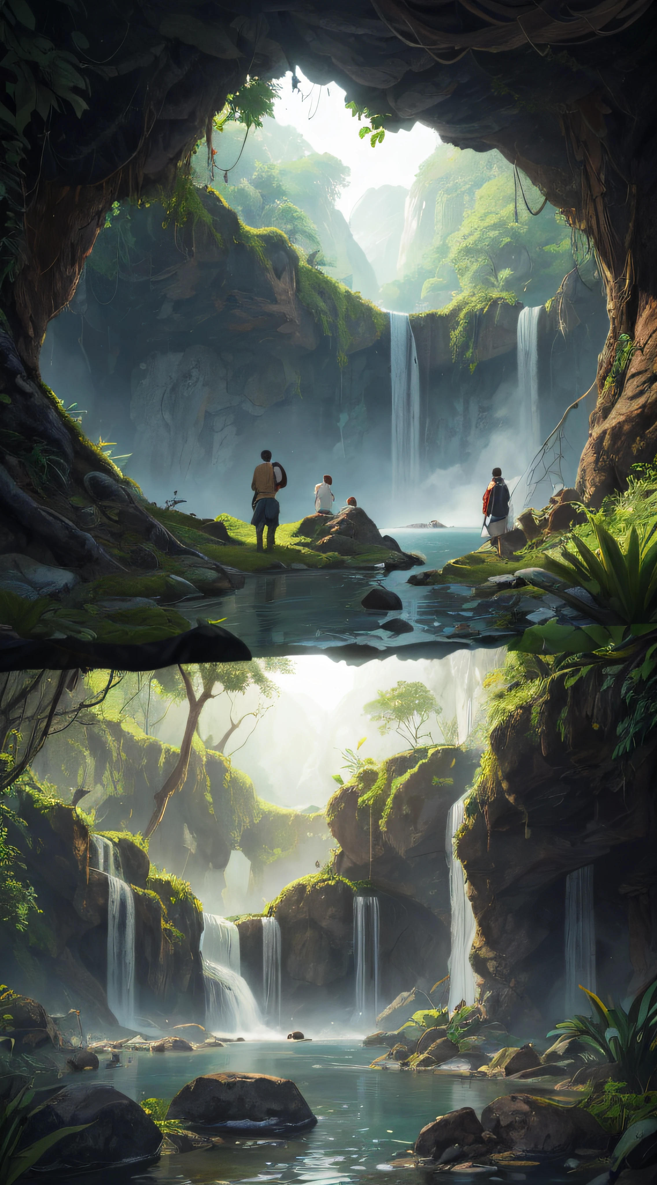 Hot springs, water vapor, waterfalls, ancient Chinese times, spring, jungle, lake, cave, tree, meadow, (illustration: 1.0), epic composition, realistic lighting, HD details, masterpiece, best quality, (very detailed CG unified 8k wallpaper)