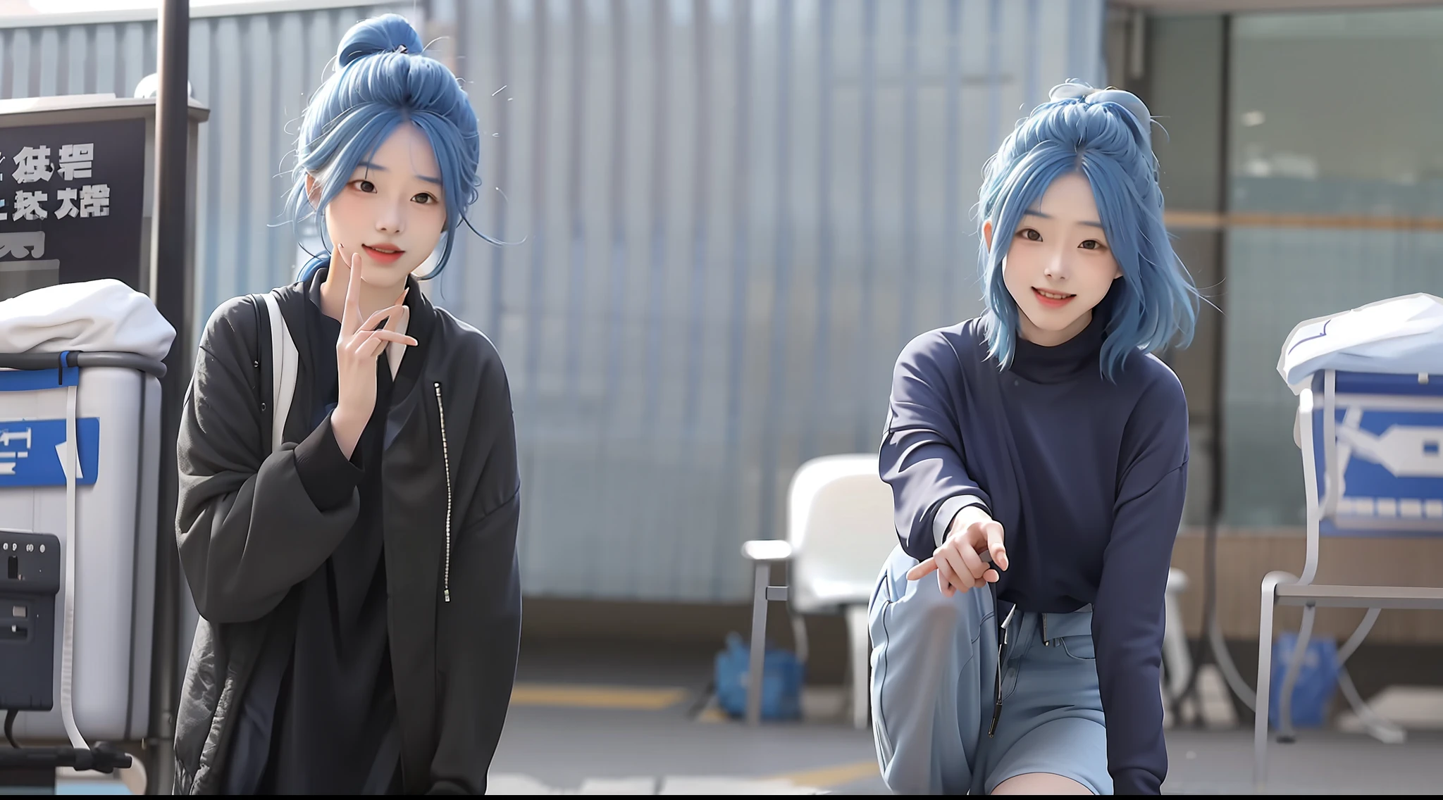 Sister Miyu,blue hair,Outdoor airport,standing on your feet,Spread your legs,nedium breasts,Naked,,dewpoint,8K maximum resolution,realisticlying,Slim