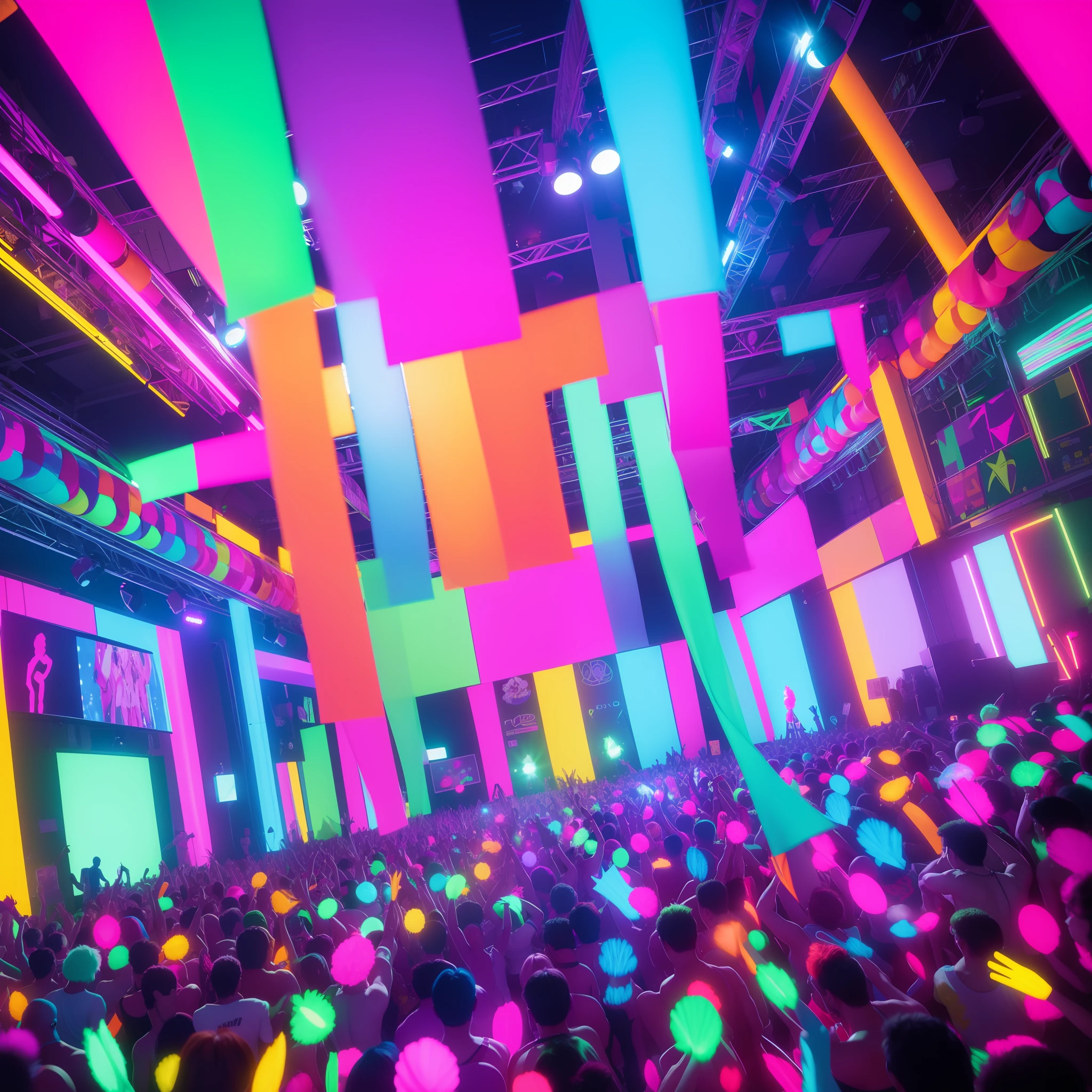 brightly colored abstract background with people dancing and waving in the air, rave party, dance club rave, nightclub background, scene from a rave, party atmosphere, rave background, at a rave, disco party, black light rave, background artwork, party lights, colorful crowd, night clubs and neons, flashing concert lights, dance party, disco lights, ecstatic crowd