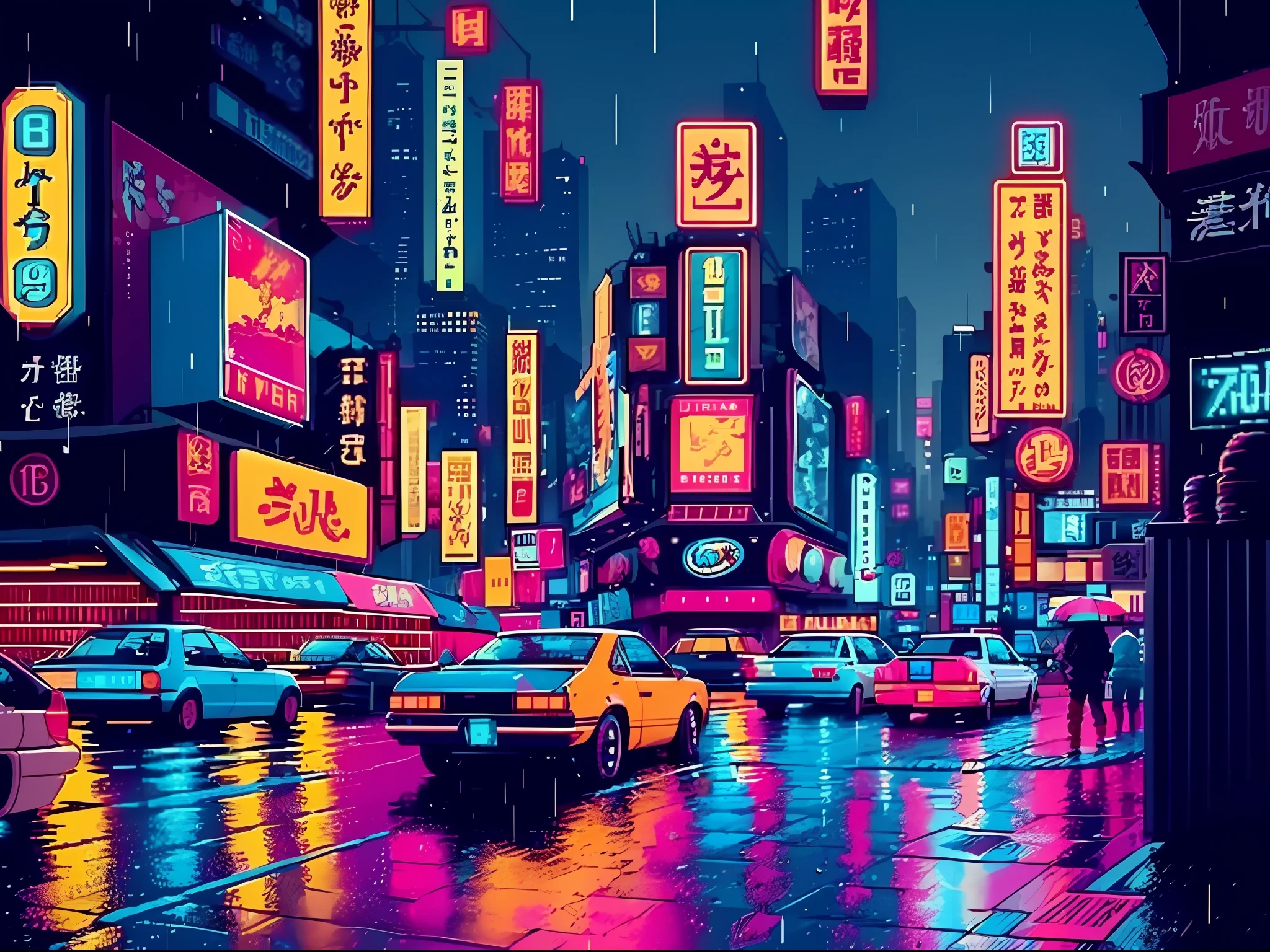 (bokeh effect), (dynamic angle), ((masterpiece)), (streets of tokyo), (zebracross), (raining), (night), empty city, dark, (neon), pixelart, ((pixelated)), cyberpunk, ((16bit)), (retro)