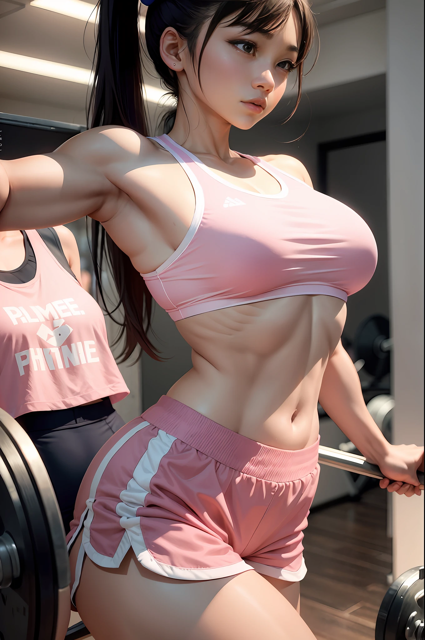 There was a woman in a pink top and white shorts in the gym, a picture inspired by Kim Jeong-hui, Instagram, Happening, in the gym, cottagecore!! fitness body, sport bra and shorts, workout, fit pic, chun li at the gym, Bra and shorts streetwear, fit girl, fit body, crop top and shorts